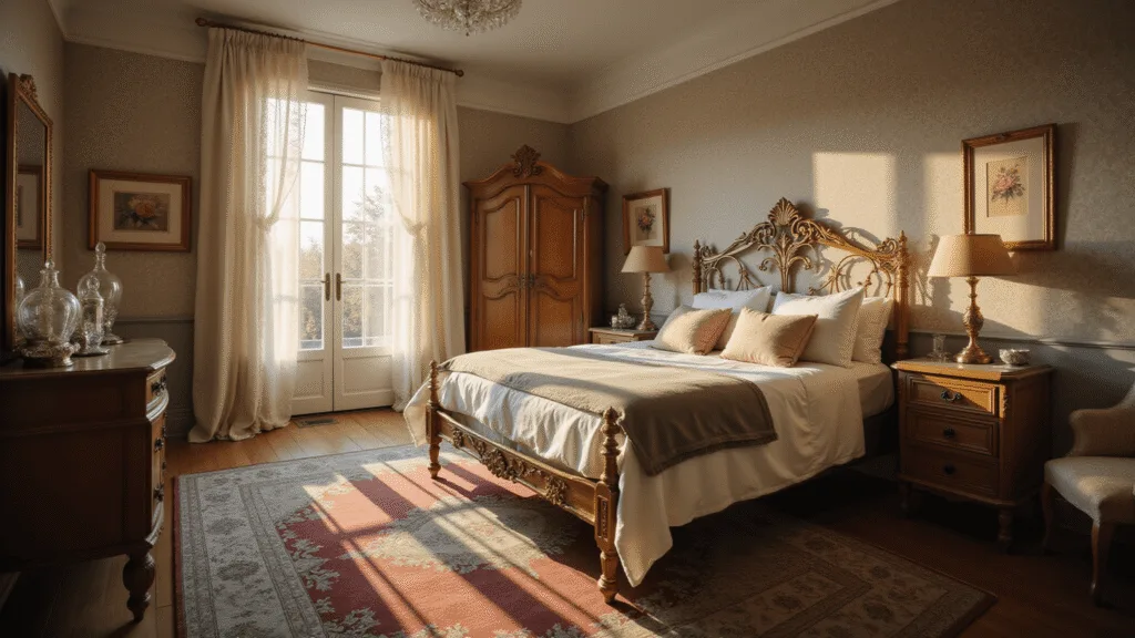 Vintage Bedroom Ideas: Your Ultimate Guide to Timeless Charm A warm, sunlit vintage bedroom featuring a brass bed frame, layered white linens, and a muted quilt, with ivory lace curtains and an ornate oak armoire. Distressed nightstands with mercury glass lamps, a Persian rug, and vintage botanical prints complete the romantic boudoir atmosphere.