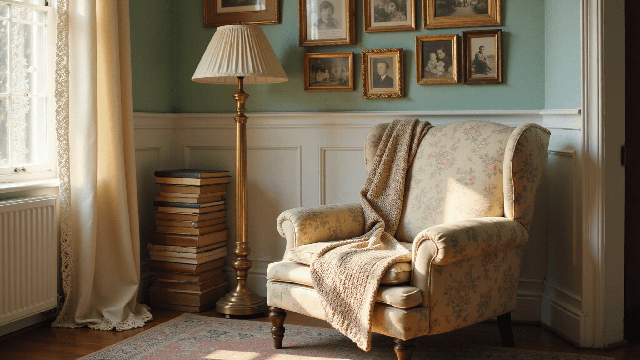 A sunlit living room with a vintage floral armchair, brass floor lamp, and leather-bound books, bathed in warm light, featuring cream lace curtains and a faded Persian rug, accented by antique picture frames and soft pastel decor.
