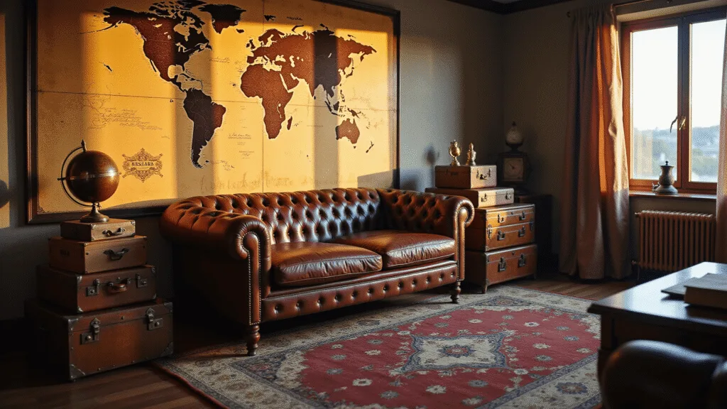 A sunlit vintage home office featuring a sepia-toned world map mural, leather Chesterfield sofa, antique suitcases as a table, mahogany desk, and brass globe, with warm sunlight casting shadows and highlighting rich textures.