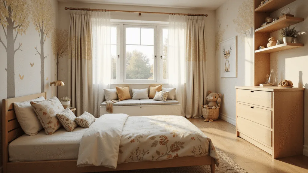 Transforming Kids' Bedrooms: A Fun and Functional Design Guide Whimsical woodland-themed children's bedroom featuring natural wood furniture, twin bed with forest-themed bedding, and hand-painted tree murals, illuminated by soft natural light through sheer botanical curtains, with a cozy reading nook and magical atmosphere.