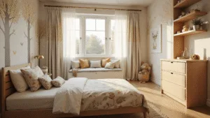 Transforming Kids' Bedrooms: A Fun and Functional Design Guide Whimsical woodland-themed children's bedroom featuring natural wood furniture, twin bed with forest-themed bedding, and hand-painted tree murals, illuminated by soft natural light through sheer botanical curtains, with a cozy reading nook and magical atmosphere.