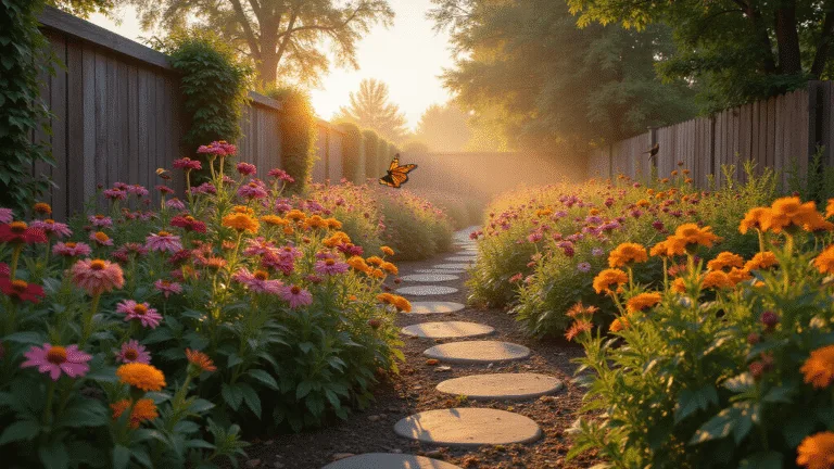 Wildflower Gardens: Creating a Vibrant, Eco-Friendly Landscape Photorealistic landscape of a vibrant wildflower garden at golden hour, featuring a winding stone path, blooming flowers in jewel tones, Monarch butterflies, and a hummingbird among the plants, with atmospheric mist and glowing solar lights.
