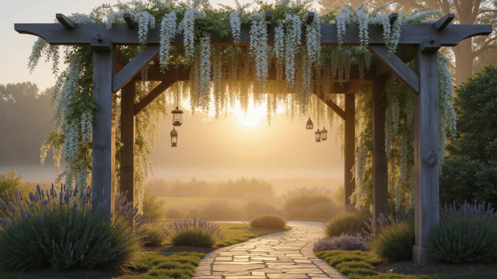 Garden Arbors: Your Ultimate Guide to Creating Magical Outdoor Spaces A majestic weathered cedar garden arbor draped in cascading white wisteria blooms, framed by a winding stone pathway and blooming French lavender, illuminated by soft golden morning sunlight and dewy grass, captured in a photorealistic wide-angle shot during golden hour.