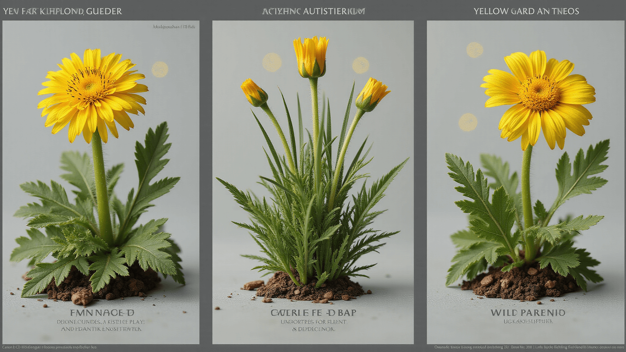 Photorealistic triptych of three yellow garden weeds: left panel features a dandelion with rosette leaves and both flower and seed head stages, center panel showcases creeping buttercup with glossy flowers and runners on damp soil, right panel displays tall wild parsnip with umbel flower clusters, all against a neutral gray background, captured in stunning detail and vibrant lighting.