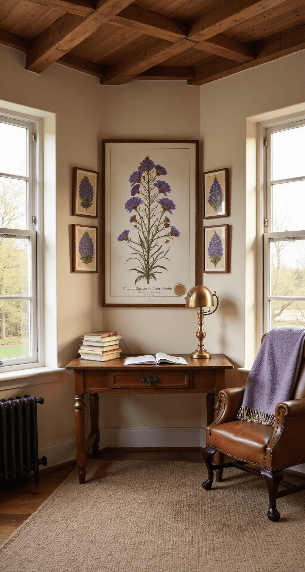 Purple Flower Weeds: Beauty or Botanical Menace? Wide-angle view of a cozy cottage garden study featuring a weathered oak desk, botanical chart, and vintage pressed flower frames, bathed in warm golden hour sunlight with rustic wooden beams and a warm ambiance from soft practical lamps.