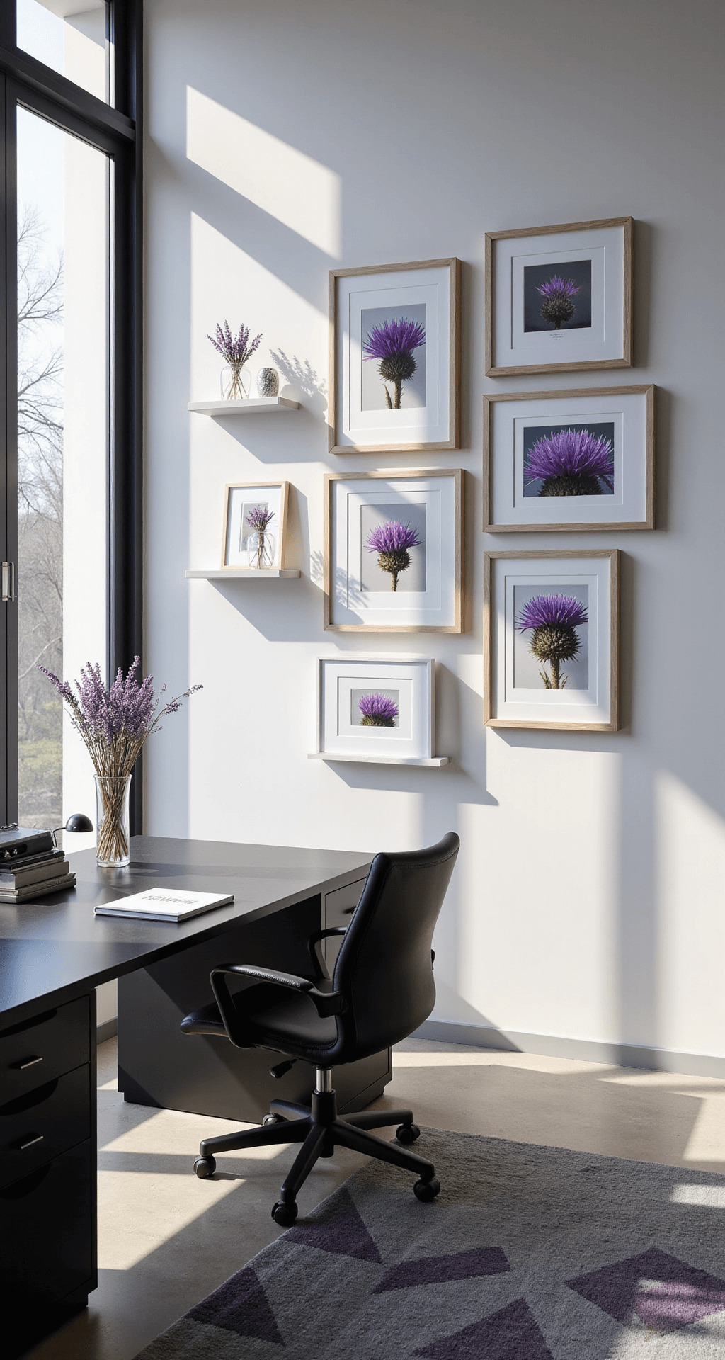 Purple Flower Weeds: Beauty or Botanical Menace? Modern minimalist home office with floor-to-ceiling windows, featuring a gallery wall of purple thistle photographs, a matte black desk, ergonomic chair, and floating shelves with dried flowers, all set against a backdrop of white walls and a geometric rug on a concrete floor.