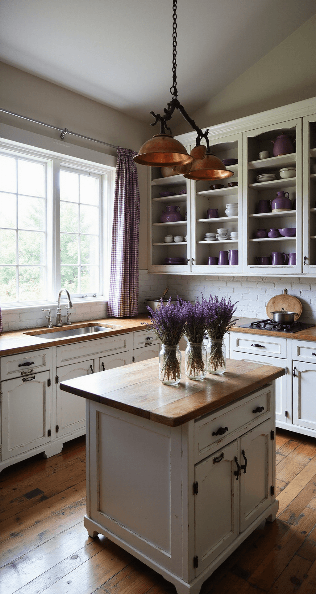 Purple Flower Weeds: Beauty or Botanical Menace? A low-angle view of a rustic farmhouse kitchen featuring vaulted ceilings and late afternoon light filtering through gingham curtains, with distressed white cabinets and open shelving showcasing purple pottery and enamelware. A central butcher block island holds fresh and dried purple herbs in mason jars, with copper pots hanging from a ceiling rack and a whitewashed brick backsplash, creating a warm and homey atmosphere.