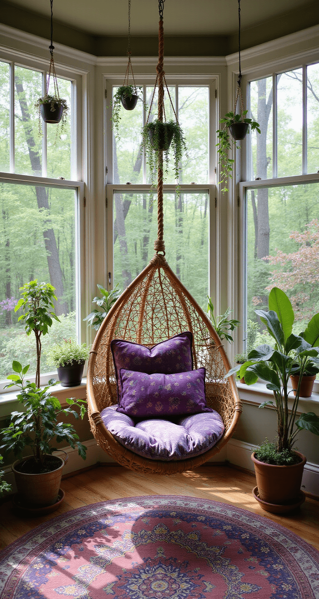 Purple Flower Weeds: Beauty or Botanical Menace? A vibrant Bohemian sunroom with wrap-around windows, showcasing midday sunlight creating dappled patterns. A rattan hanging chair adorned with purple batik cushions sits amidst potted wild violets and creeping charlie in macramé holders. Layered vintage Persian rugs in purple and gold tones cover the floor, while glass terrariums with trailing plants hang from the ceiling. The shot is taken straight-on at seated height, highlighting the seamless indoor/outdoor flow of the space.