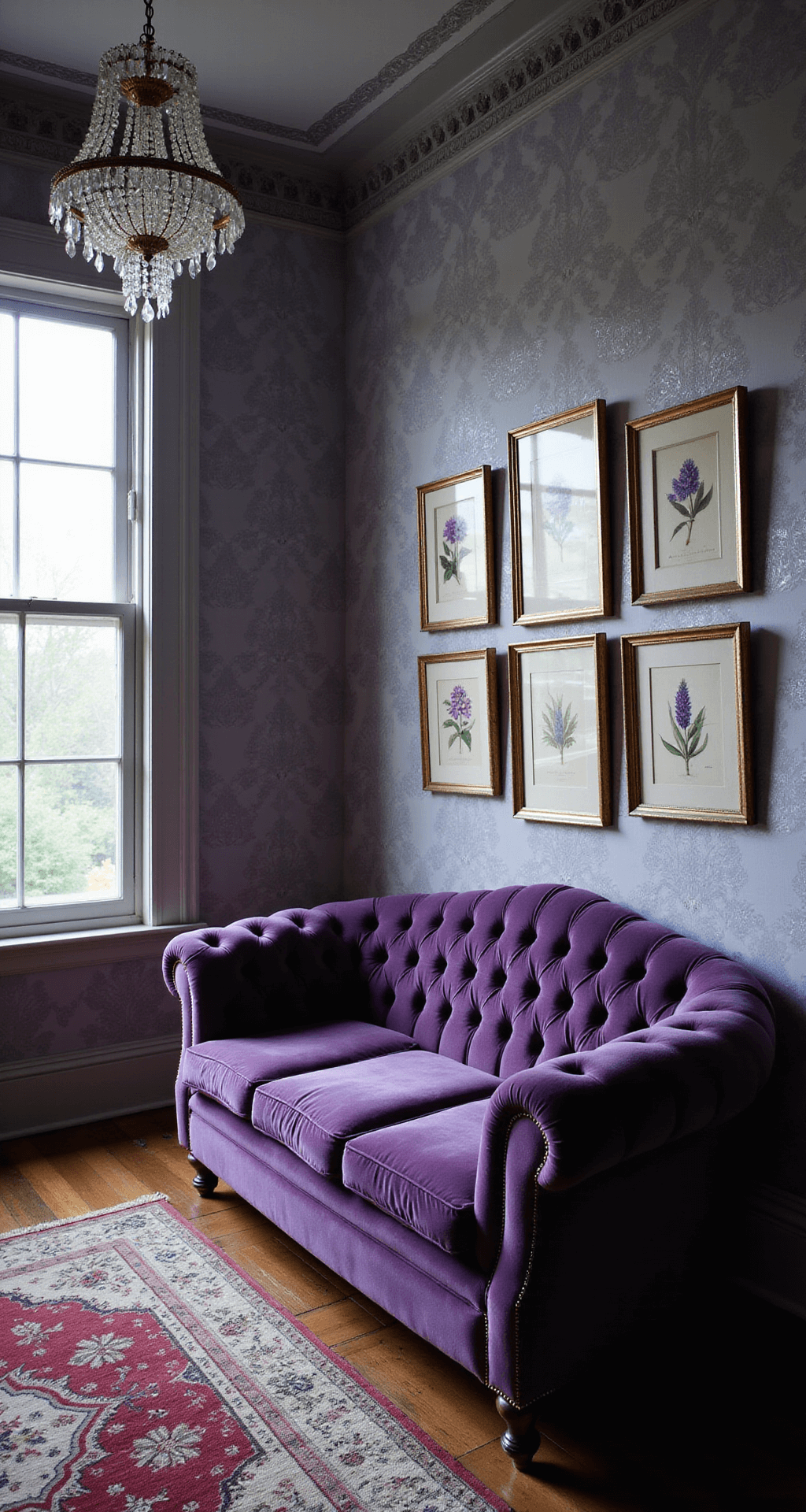 Purple Flower Weeds: Beauty or Botanical Menace? A cozy Victorian parlor featuring ornate crown molding, a deep purple velvet chesterfield sofa against silver and lavender damask wallpaper, and a crystal chandelier. The twilight blue hour casts subtle shadows, illuminating a collection of antique botanical prints with purple flower specimens, all viewed from a corner angle to highlight the room's architectural details and textures. The mood is romantic and historical.