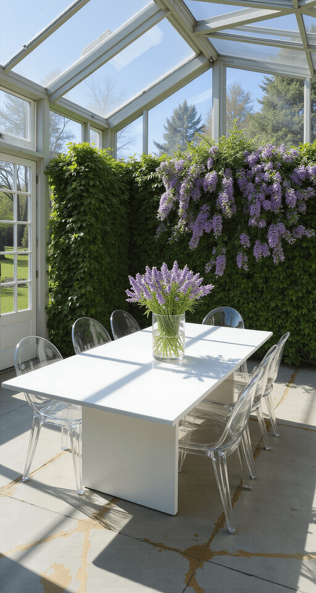 Purple Flower Weeds: Beauty or Botanical Menace? A high angle view of a contemporary greenhouse dining space featuring a white dining table with clear ghost chairs, adorned with purple wildflowers in a glass vase, against a backdrop of a living wall of purple-flowering vines and a polished concrete floor with brass inlays, illuminated by bright midday light.