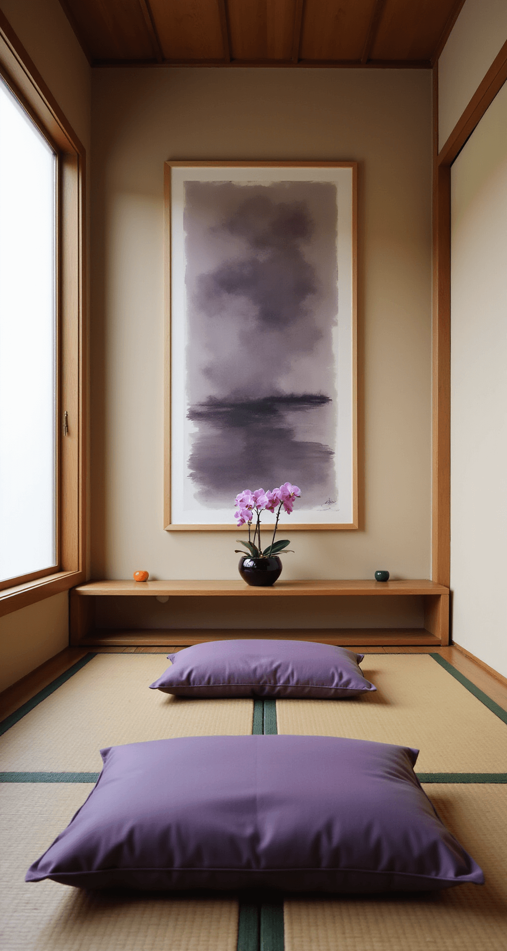 Purple Flower Weeds: Beauty or Botanical Menace? A serene Zen meditation room measuring 12x12ft, featuring shoji screens and soft morning light filtering through rice paper. The room includes low platform seating with purple zabuton cushions, a minimal altar with a single purple orchid in a black ceramic vessel, bamboo mat flooring, and an abstract purple and gray ink painting on the main wall, captured at traditional seated height to emphasize horizontal lines.