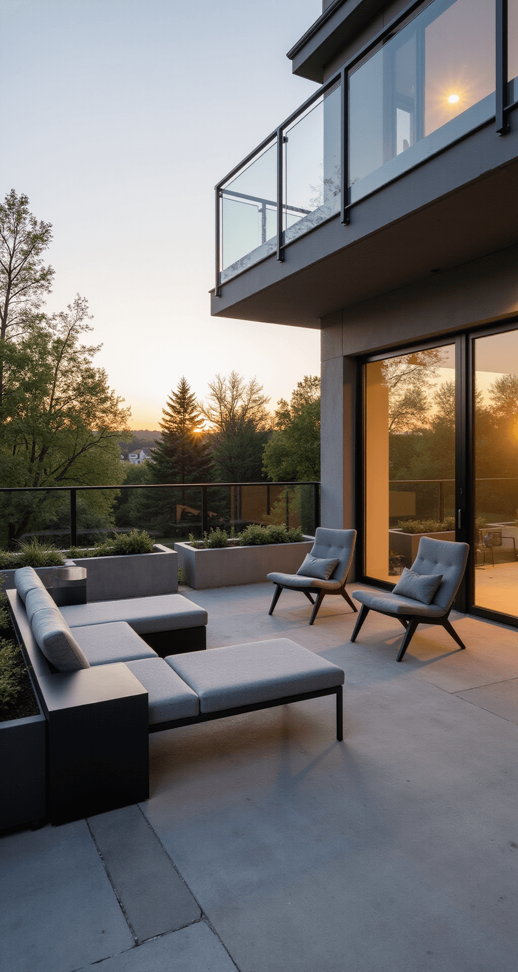 Patio Decor Ideas: Transform Your Outdoor Space into a Stunning Retreat A low-angle view of a modern minimalist patio at golden hour, featuring a 12x18 ft concrete terrace with sleek glass railings, matte black metal furniture including a low-profile L-shaped sofa and geometric accent chairs, minimalist concrete planters with architectural succulents, and cool grey cushions. Strategic LED floor lighting casts long shadows, highlighting ultra-clean lines and sunset reflections on glass surfaces.