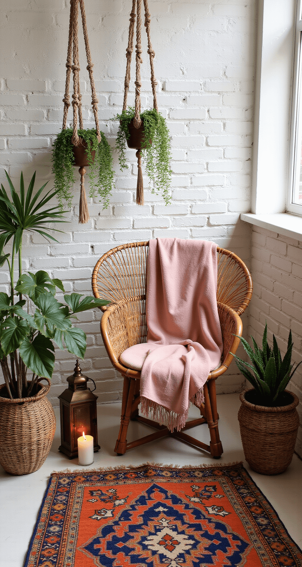 Patio Decor Ideas: Transform Your Outdoor Space into a Stunning Retreat A cozy bohemian balcony featuring a rattan peacock chair draped in a pink Moroccan throw, surrounded by macramé plant hangers with pothos and string of pearls, layered vintage kilim rugs, and brass lanterns with LED candles, all under natural mid-morning light against a whitewashed brick wall.