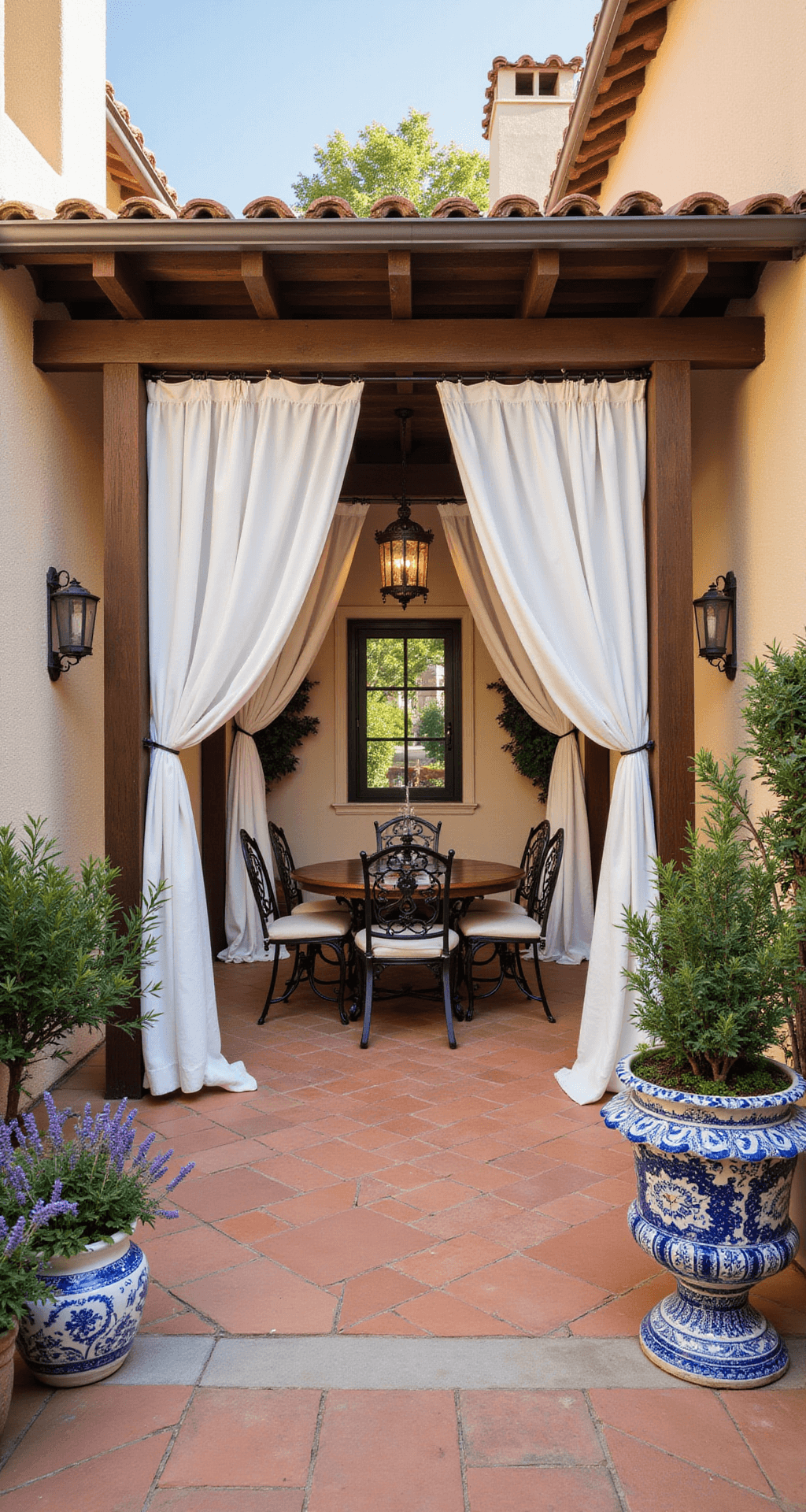 Patio Decor Ideas: Transform Your Outdoor Space into a Stunning Retreat Mediterranean courtyard with terracotta tiles, stucco walls, and a wrought iron dining set under a pergola draped with white curtains, featuring blue and white ceramic planters with citrus trees and lavender, and a mosaic fountain in the background.