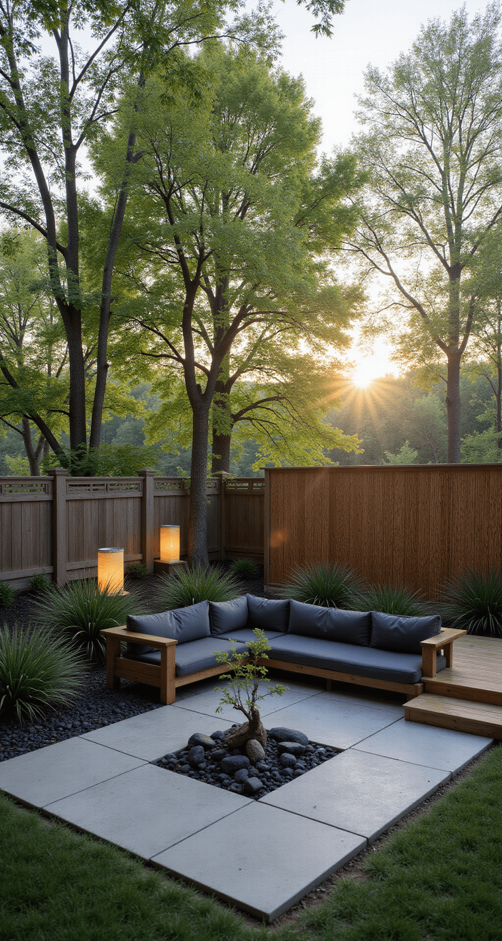 Patio Decor Ideas: Transform Your Outdoor Space into a Stunning Retreat A tranquil Zen garden patio at dawn featuring a stone platform, a Japanese maple, low-profile teak furniture, glowing paper lanterns, and a bamboo privacy screen, all enveloped in morning mist.
