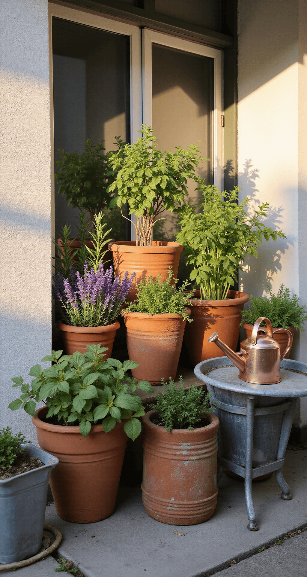 How to Create a Thriving Container Herb Garden: A Complete Beginner's Guide A sun-drenched urban balcony at golden hour featuring an array of terracotta pots with lush herbs like basil, rosemary, and lavender, against a whitewashed wall; galvanized steel planters add industrial contrast, while natural light casts long shadows, showcasing a bistro table with a copper watering can.