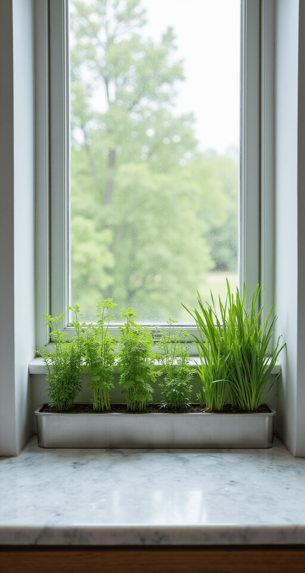 How to Create a Thriving Container Herb Garden: A Complete Beginner's Guide Interior view of a modern minimalist kitchen featuring a 6ft windowsill herb garden with stainless steel planters filled with thyme, cilantro, and chives, illuminated by morning light. Condensation on the window creates a bokeh effect, while a marble countertop below reflects the soft lighting.