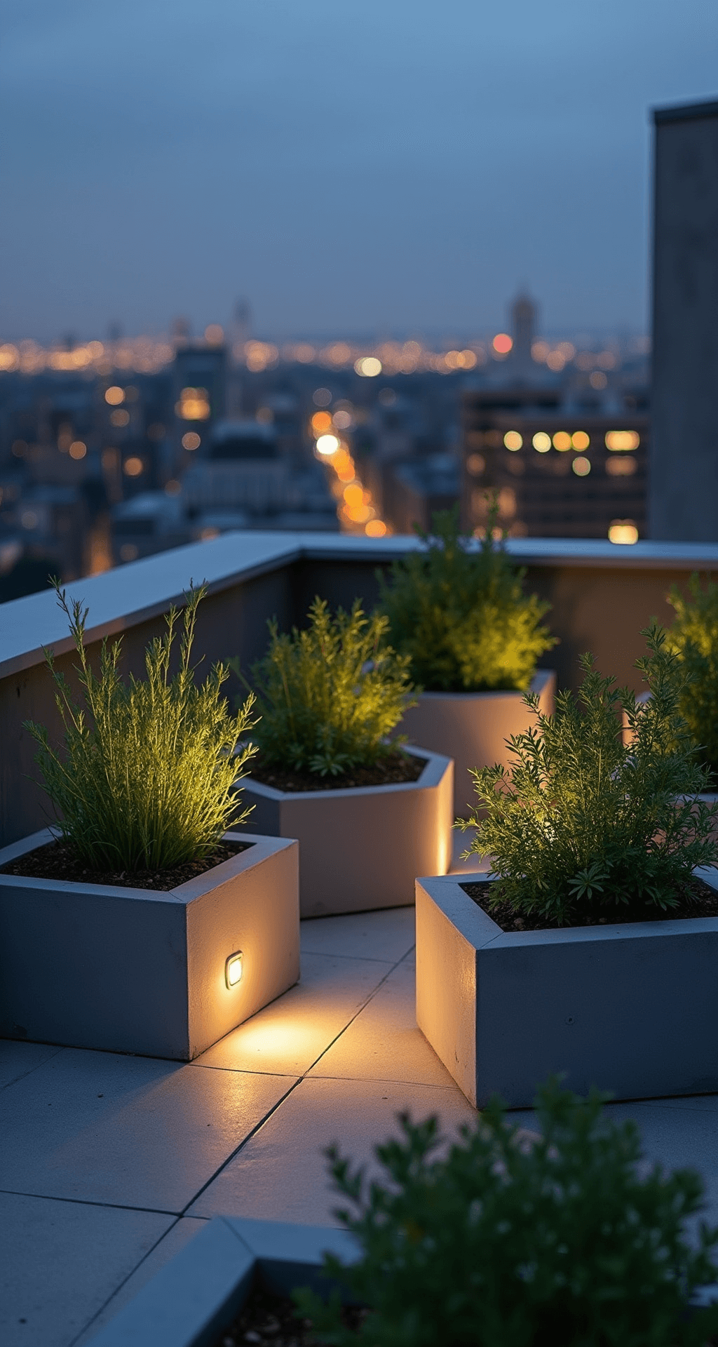 How to Create a Thriving Container Herb Garden: A Complete Beginner's Guide Aerial view of a contemporary rooftop garden at dusk, featuring modern geometric concrete planters in varying heights, arranged architecturally. LED uplighting highlights architectural herbs like lemongrass and tall basil, with twinkling city lights in the bokeh background. The color palette includes charcoal concrete, steel blue evening light, warm LED glow, and silver-green foliage.