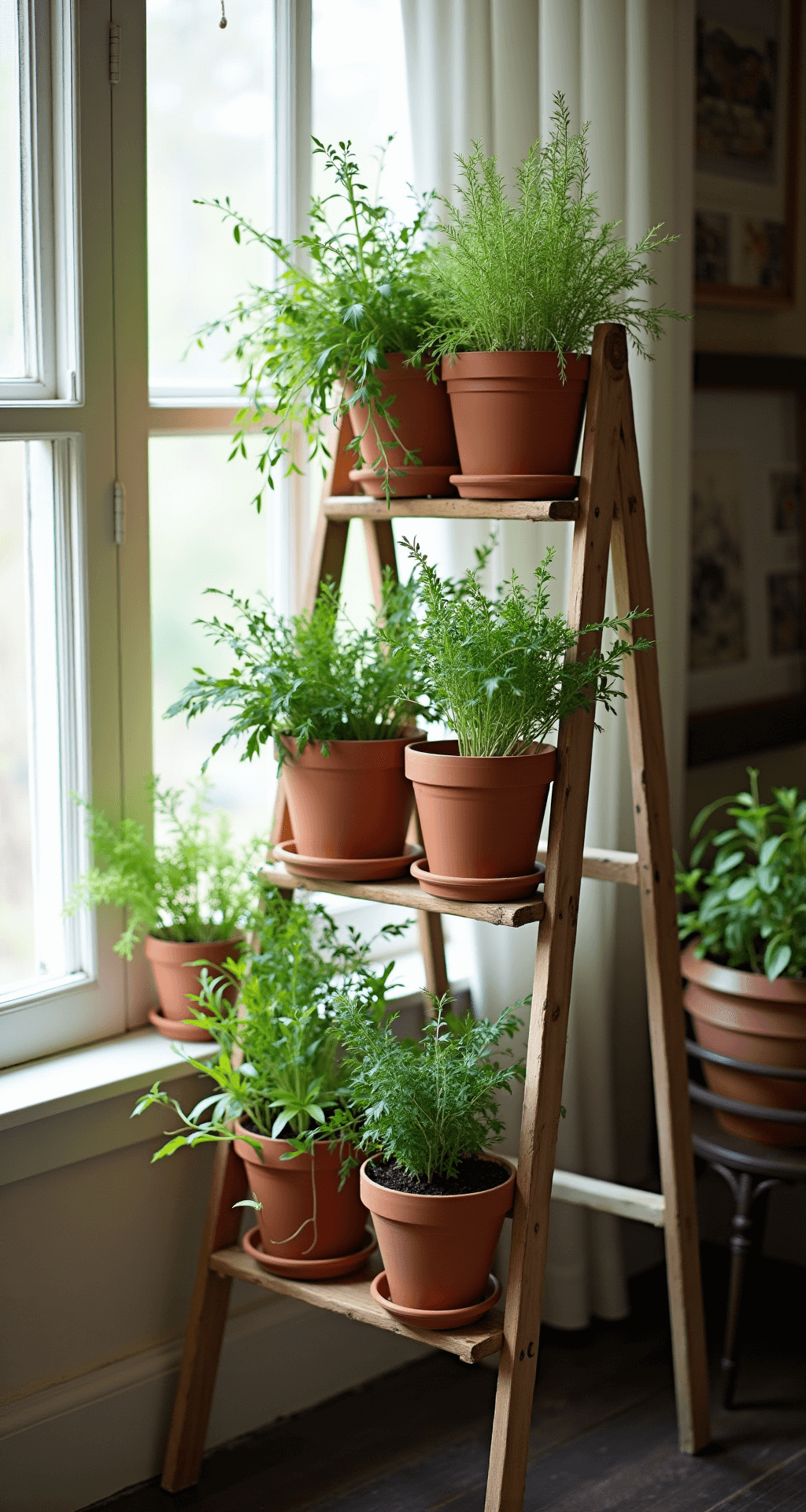 How to Create a Thriving Container Herb Garden: A Complete Beginner's Guide A cozy indoor herb display featuring a vintage ladder-style plant stand with mismatched terracotta pots arranged by height, bathed in soft afternoon light filtered through sheer curtains, complemented by hand-written plant markers.