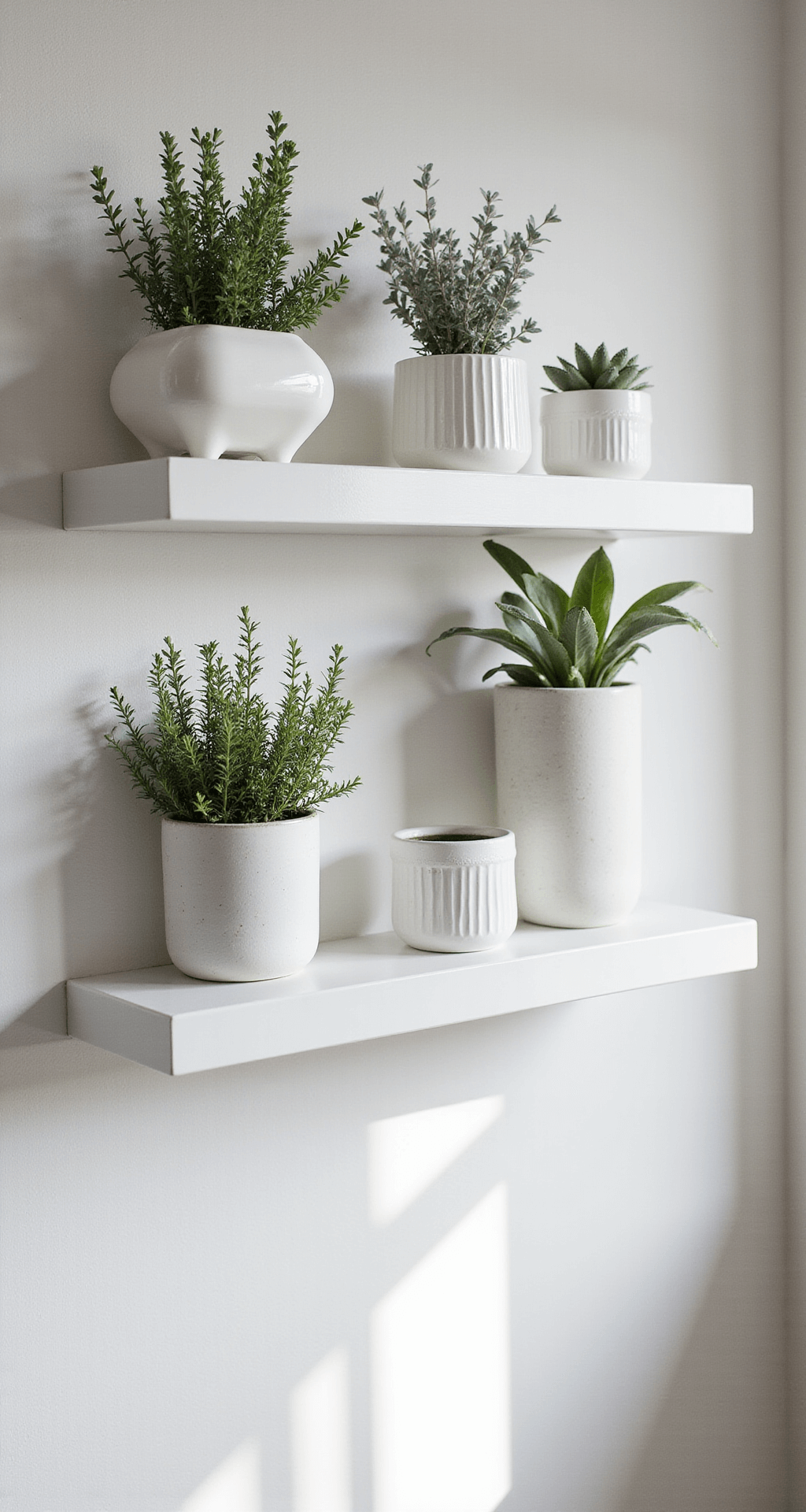 How to Create a Thriving Container Herb Garden: A Complete Beginner's Guide A Scandinavian minimalist indoor herb wall featuring custom white floating shelves displaying monochromatic white ceramic planters with silver thyme and variegated sage, illuminated by soft morning light, showcasing clean lines and subtle shadows on a white wall.