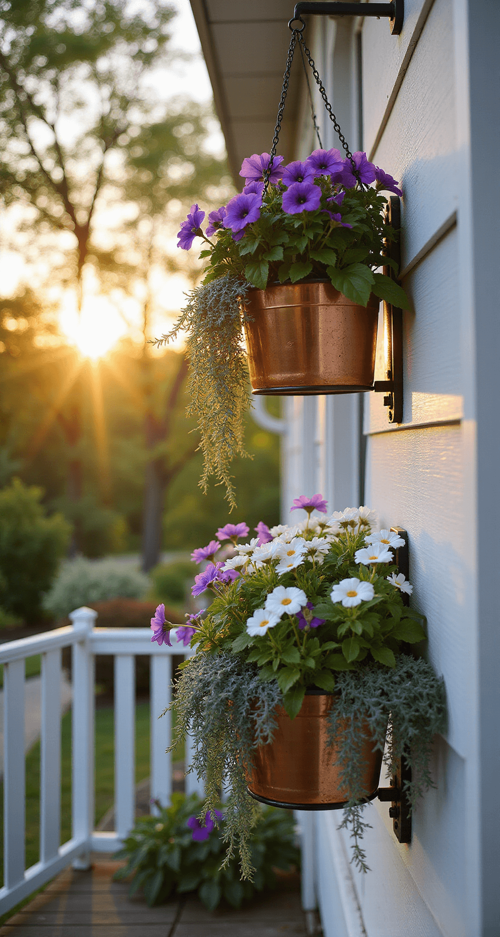 Beautiful Hanging Basket Plant Ideas: Transform Your Garden Oasis A sunlit Victorian porch adorned with three vintage copper hanging baskets overflowing with purple petunias, white calibrachoa, and silver dichondra, casting shadows on the white siding during golden hour, shot in portrait orientation with a dreamy bokeh effect.