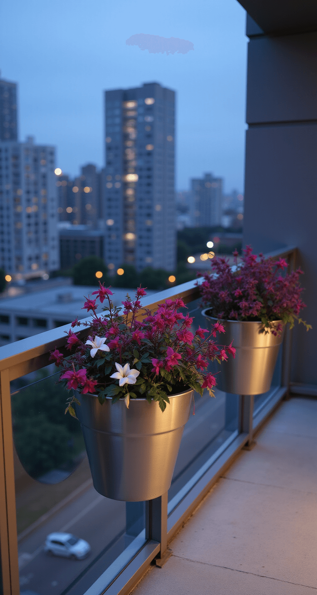 Beautiful Hanging Basket Plant Ideas: Transform Your Garden Oasis A modern apartment balcony at dusk with brushed steel hanging planters and minimalist glass railing, featuring deep magenta and white trailing fuchsias along with dark purple sweet potato vine, set against an urban skyline in cool blue hour lighting.