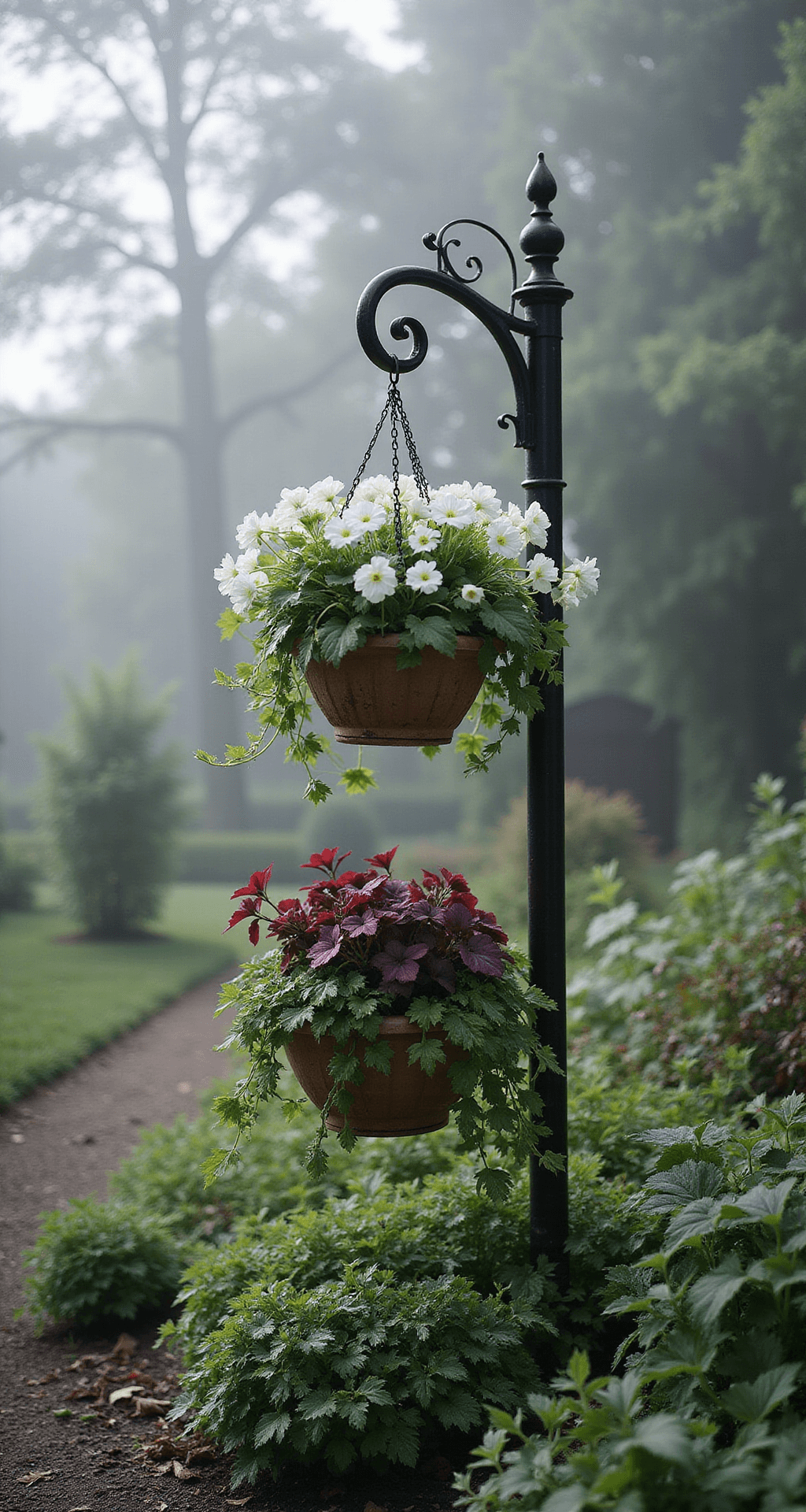 Beautiful Hanging Basket Plant Ideas: Transform Your Garden Oasis A serene English cottage garden corner shrouded in early morning mist, featuring three tiered hanging baskets on an elegant shepherd's hook overflowing with white begonias, burgundy coleus, and variegated ivy, captured in soft, diffused light for a peaceful atmosphere.