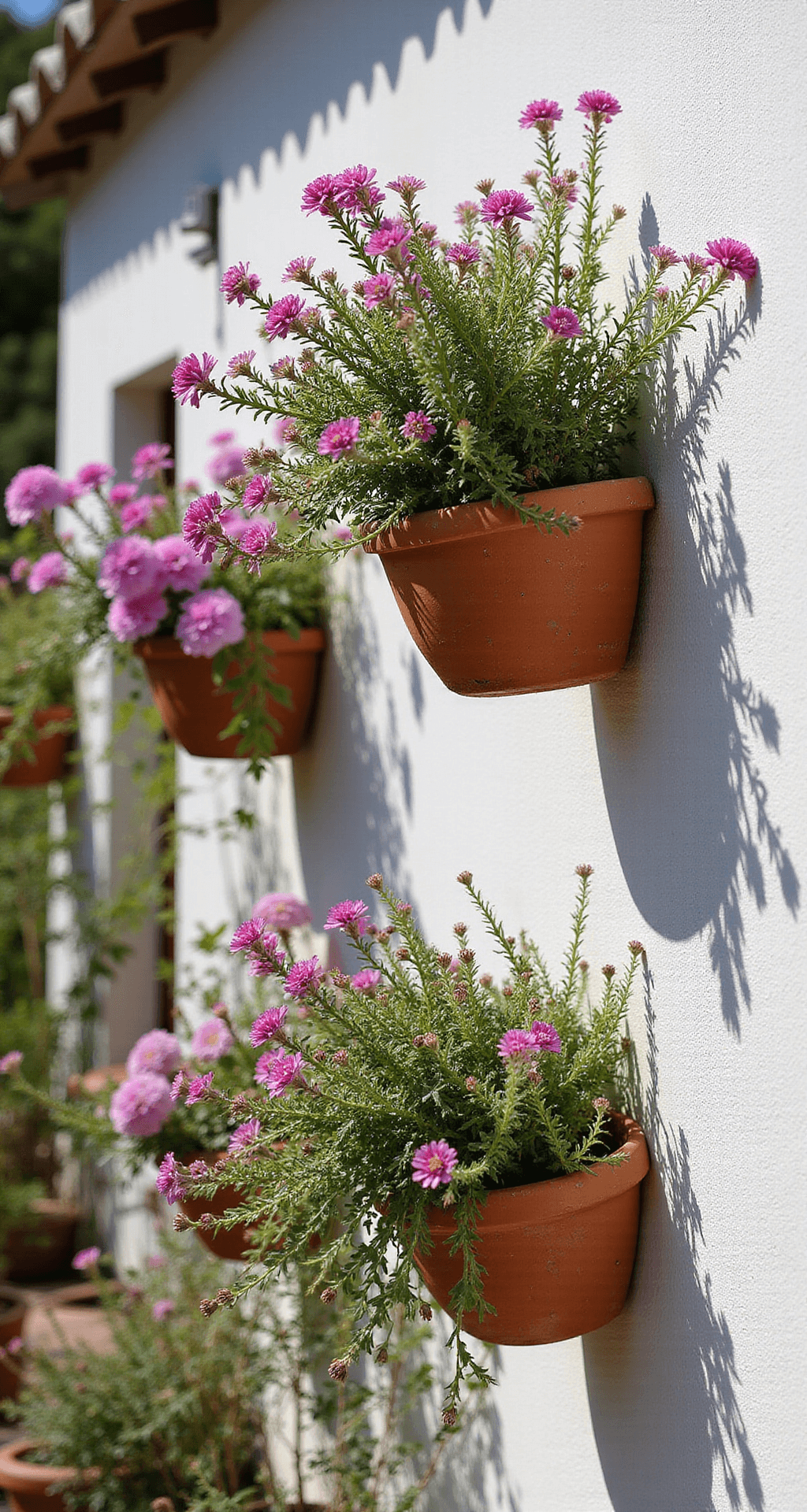 Beautiful Hanging Basket Plant Ideas: Transform Your Garden Oasis A Mediterranean-style terrace bathed in bright midday sun, showcasing rustic terracotta hanging baskets on whitewashed walls, filled with vibrant hot pink trailing verbena, silver senecio, and purple lantana, with strong shadows cast by hard directional lighting, highlighting architectural details and plant composition.