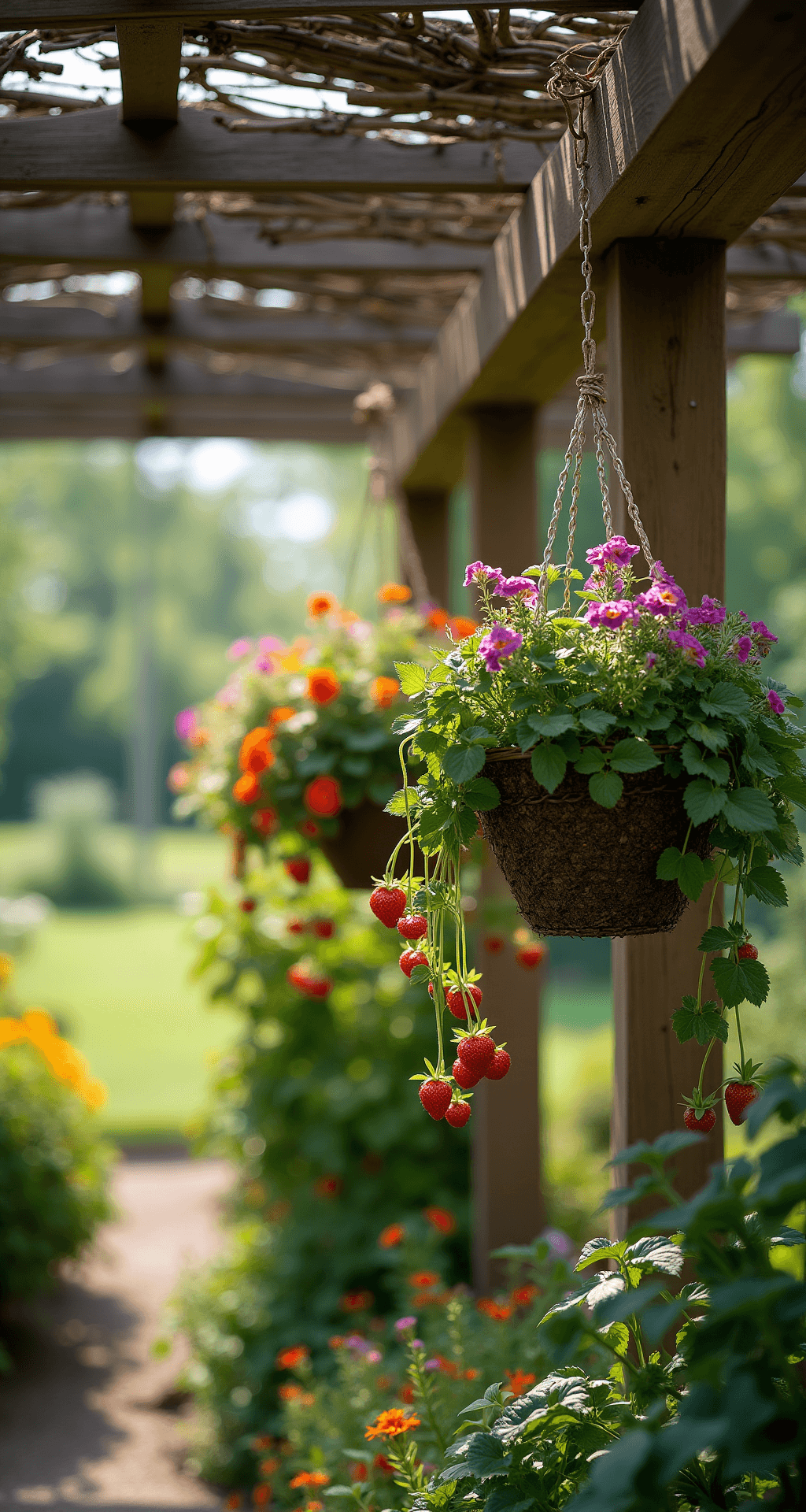 Beautiful Hanging Basket Plant Ideas: Transform Your Garden Oasis A covered garden pergola adorned with hanging baskets of trailing strawberries, nasturtiums, and purple basil, illuminated by dappled afternoon light that creates natural spotlighting on the foliage and fruits.