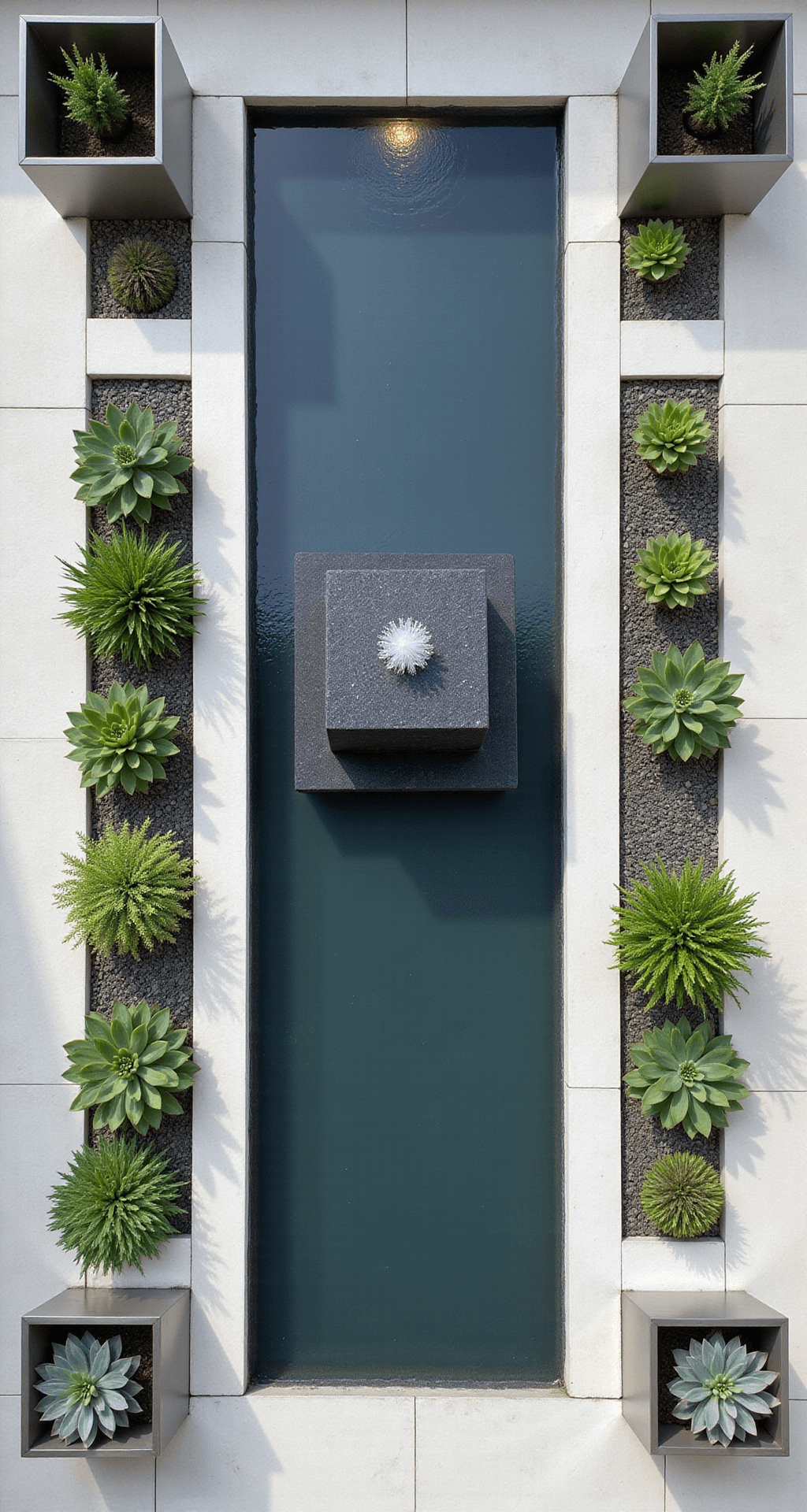Garden Ponds with Fountains: Your Ultimate Guide to Serene Outdoor Spaces Aerial view of a modern geometric fountain installation in a minimalist courtyard, featuring a 15x15ft square pond with a floating black granite cube fountain surrounded by stark white limestone. The dark water is illuminated by LED strip lighting beneath its surface, while architectural succulents in brushed metal planters frame the corners, creating a striking contrast of colors: charcoal, bright white, silver metal, and deep teal.