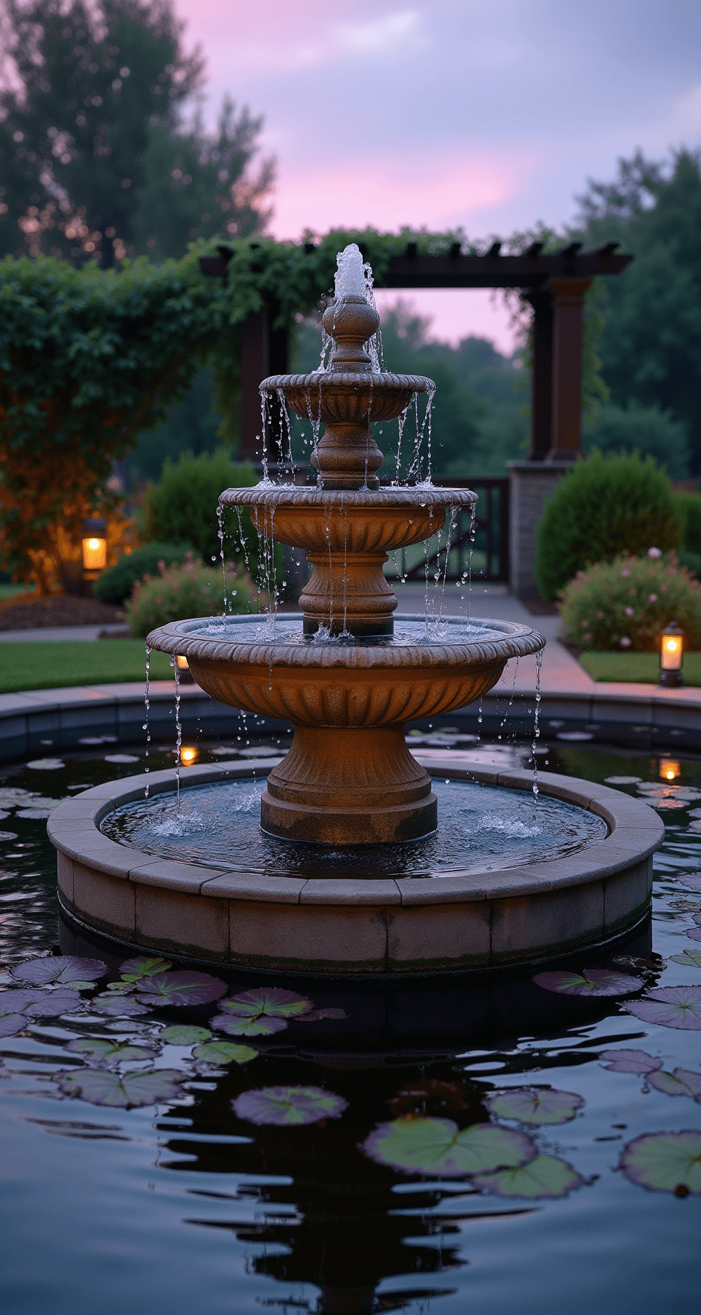 Garden Ponds with Fountains: Your Ultimate Guide to Serene Outdoor Spaces A serene twilight scene of a circular garden pond featuring a classic three-tier stone fountain, surrounded by blooming water iris and lily pads. The sky is a gradient of purple and blue, with the fountain spray catching the light. Weathered limestone tiers are dripping water, and copper path lights illuminate the rippled pond surface. A nearby pergola is adorned with climbing roses, creating a romantic atmosphere.