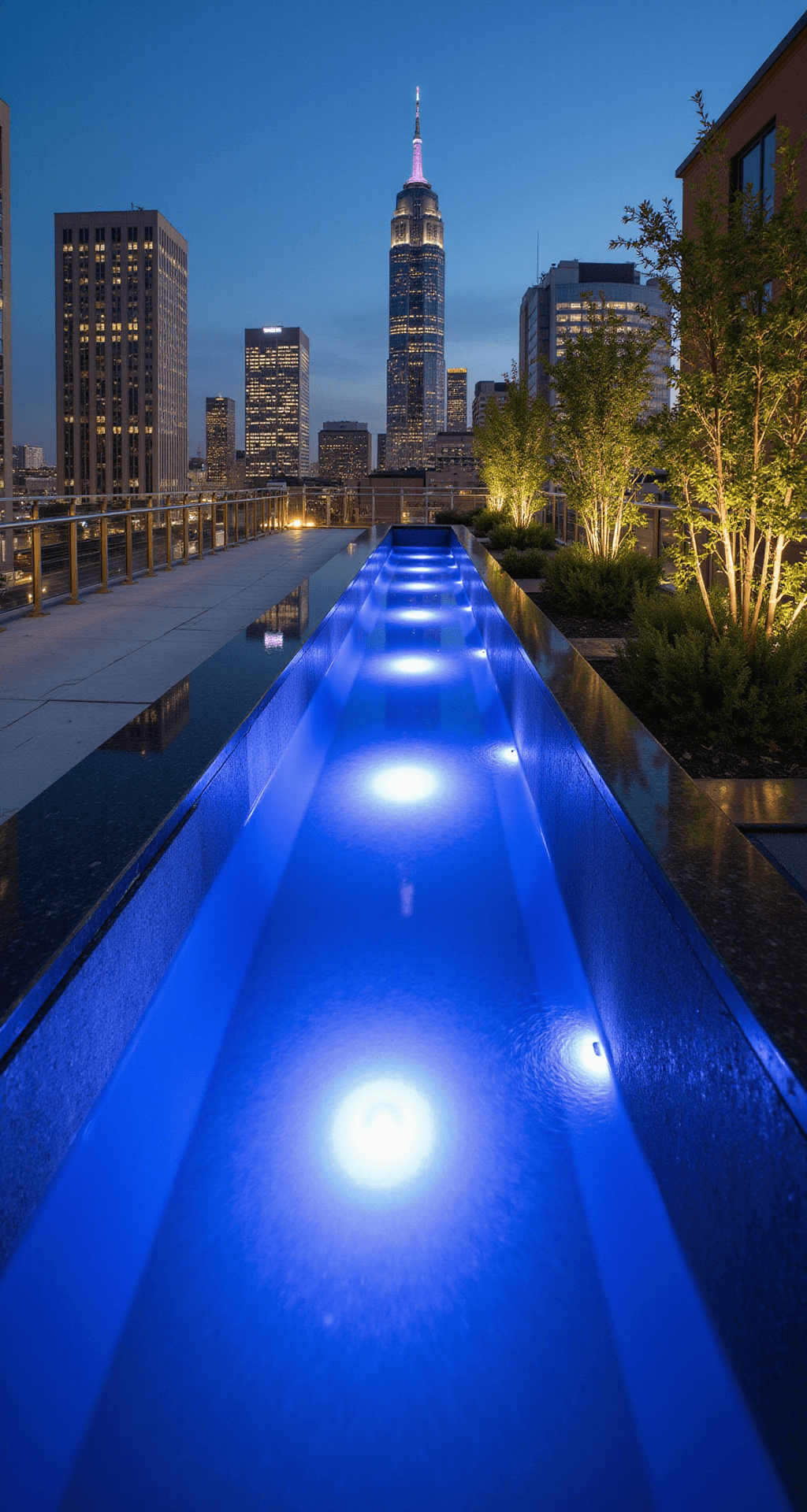 Garden Ponds with Fountains: Your Ultimate Guide to Serene Outdoor Spaces A contemporary rooftop infinity pond with a vertical waterfall, illuminated by electric blue LED lights, framed by glass wind barriers adorned with climbing vines. The scene is captured from a low angle at blue hour, showcasing the city skyline and reflecting the obsidian stone edges and floating steel orbs.