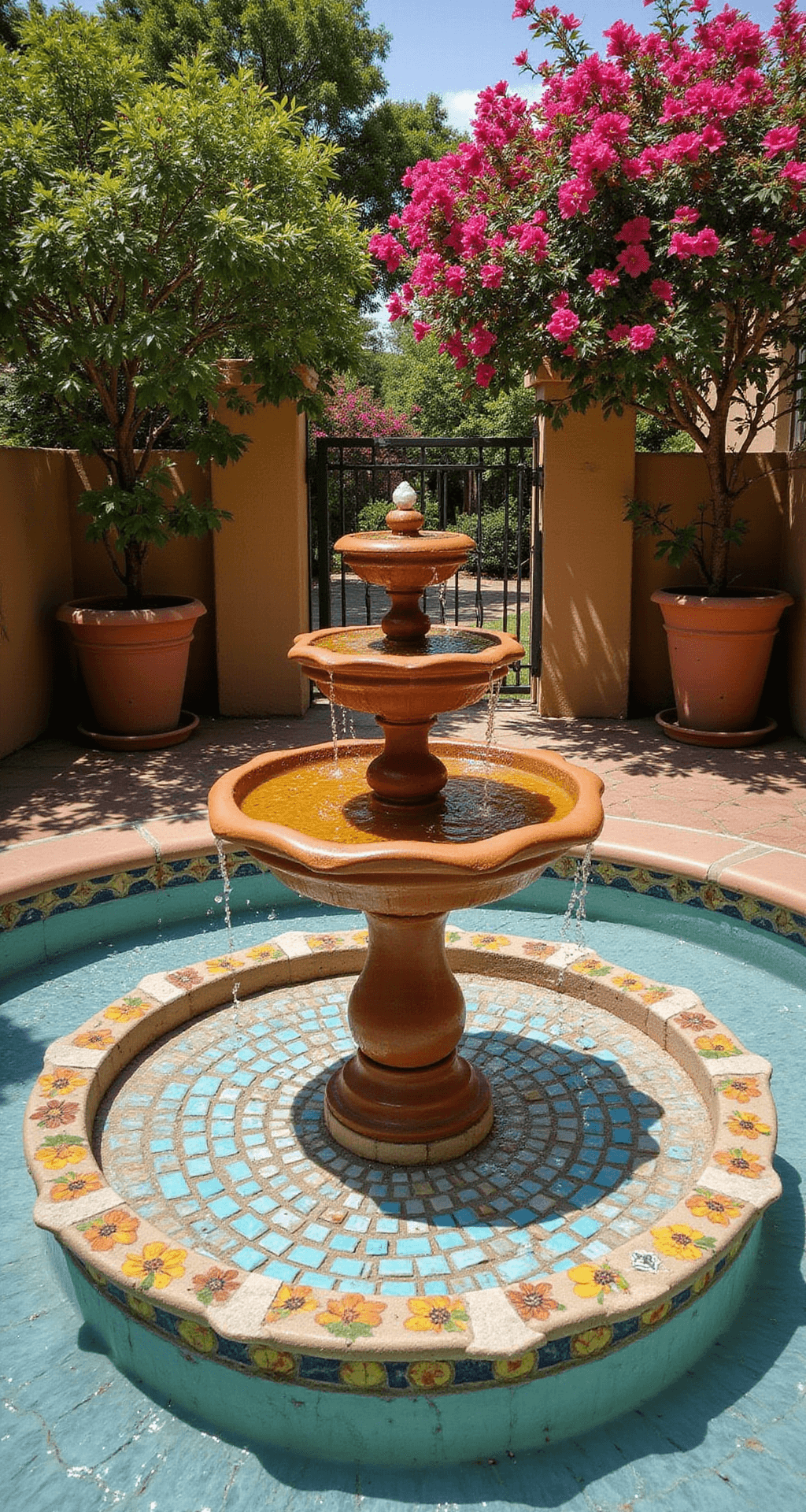 Garden Ponds with Fountains: Your Ultimate Guide to Serene Outdoor Spaces A sunlit Mediterranean courtyard featuring a 10ft diameter terra cotta tiered fountain surrounded by a 15ft square pond. Water cascades over hand-painted tiles, with potted citrus trees casting delicate shadows and vibrant bougainvillea adding colorful accents. The scene includes a detailed mosaic tile border, all captured in bright natural light.