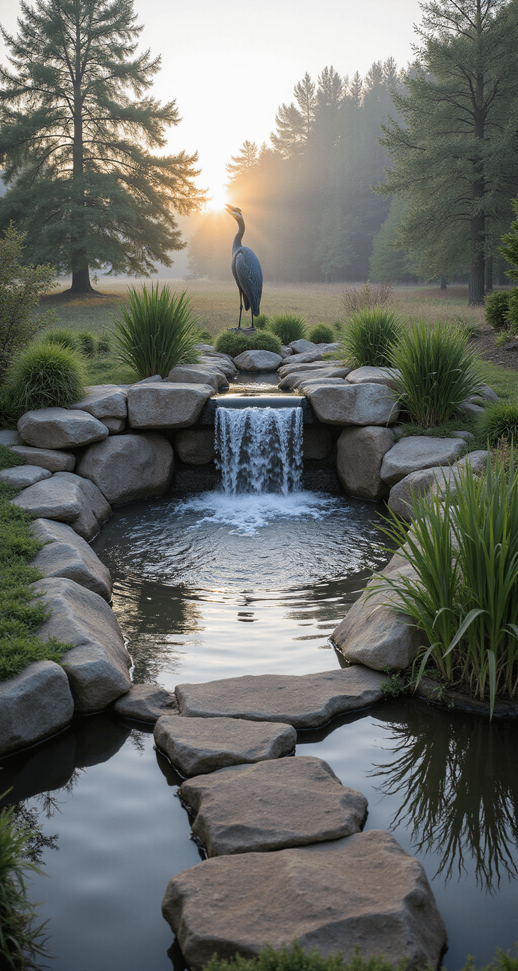 Garden Ponds with Fountains: Your Ultimate Guide to Serene Outdoor Spaces A serene wildlife-friendly natural pond at dawn, featuring a 30ft irregular-shaped pond with a rock waterfall. Morning mist rises from the water's surface, framed by native plantings and stepping stones. A great blue heron statue serves as a fountain spout, all illuminated by early morning light with a slight fog. The color palette includes misty gray, river rock browns, cattail green, and pearl water.