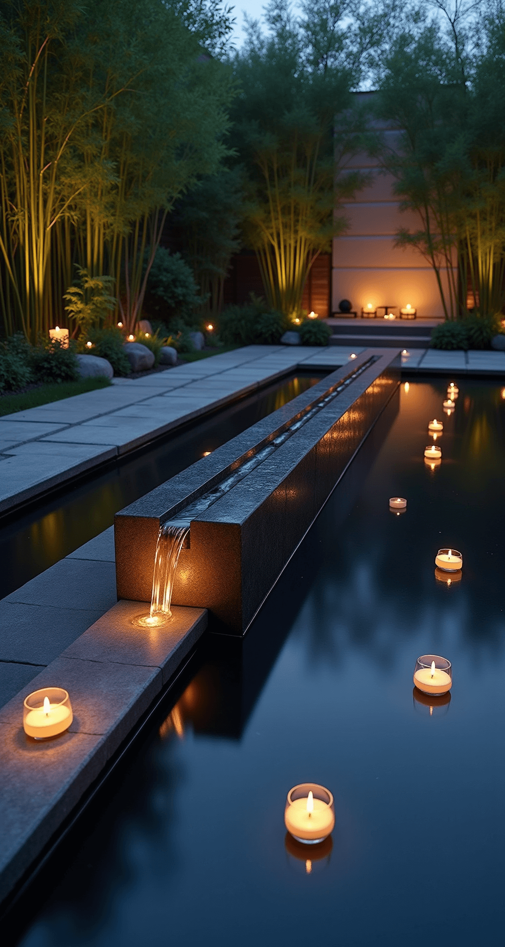 Garden Ponds with Fountains: Your Ultimate Guide to Serene Outdoor Spaces A rectangular pond at dusk featuring a black granite monolith fountain with a single water stream falling in an arc, surrounded by floating candles. A bamboo grove serves as the backdrop while an illuminated stone path leads to a wooden meditation deck. The scene is captured during blue hour, highlighting charcoal stone, bamboo green, amber candlelight, and midnight blue water.