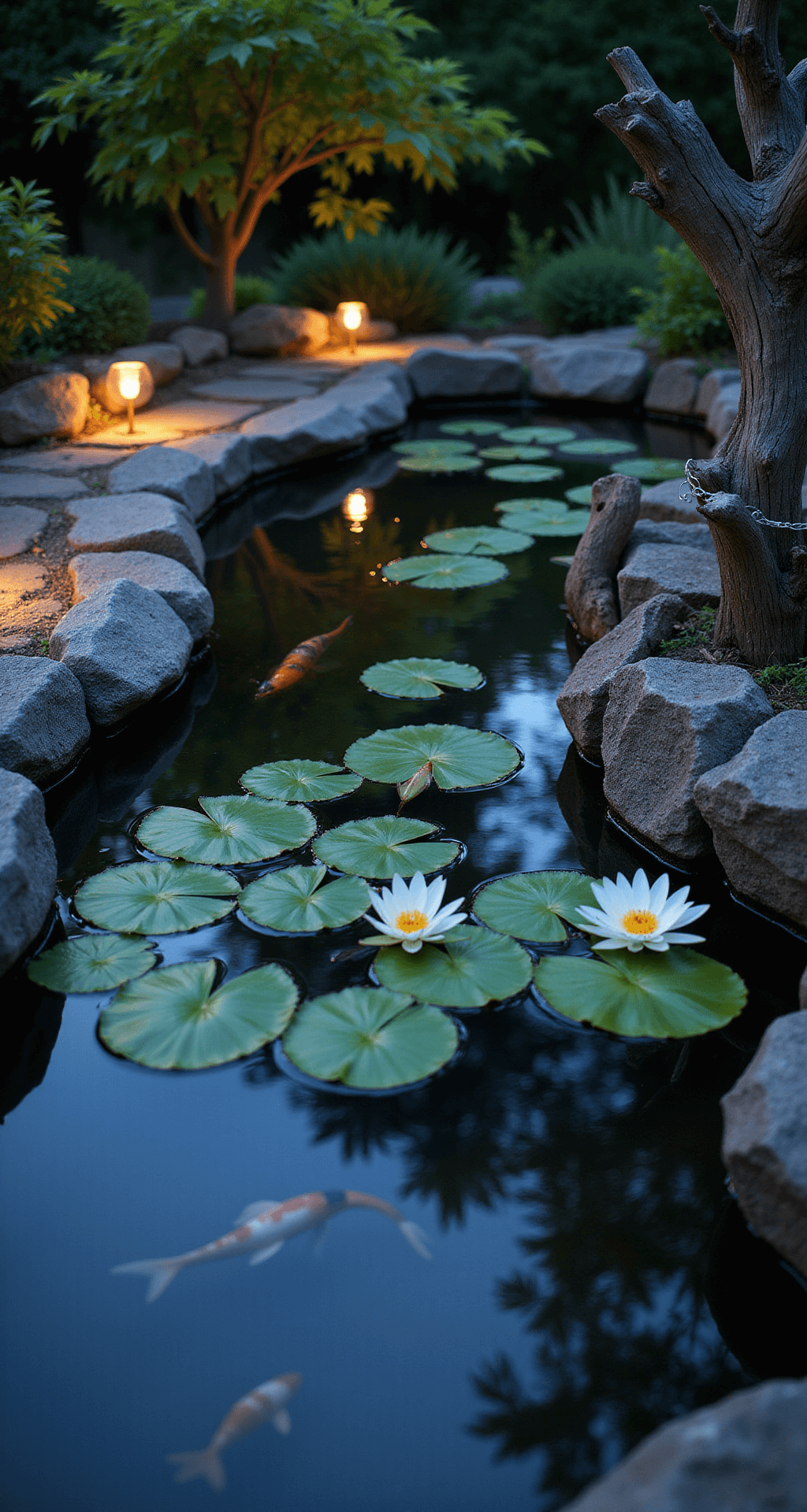 Garden Ponds at Night: Transform Your Backyard into a Magical Nighttime Oasis A tranquil garden pond during blue hour, featuring illuminated water lilies, koi fish silhouettes, and soft underwater LED lights. Natural stone edging with copper pathway lights and Japanese maple leaf shadows create a serene atmosphere, complemented by weathered driftwood wrapped in fairy lights. The image captures reflections and depth with sharp foreground details and ethereal bokeh in the background.