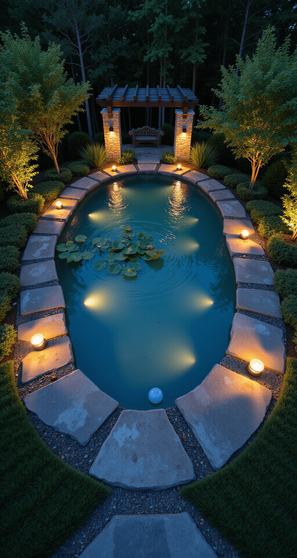 Garden Ponds at Night: Transform Your Backyard into a Magical Nighttime Oasis Aerial view of an illuminated oval garden pond at midnight, featuring slate stepping stones, underwater spotlights, floating solar orbs, and a steel pergola casting geometric shadows, captured in long exposure to showcase light trails and water movement.