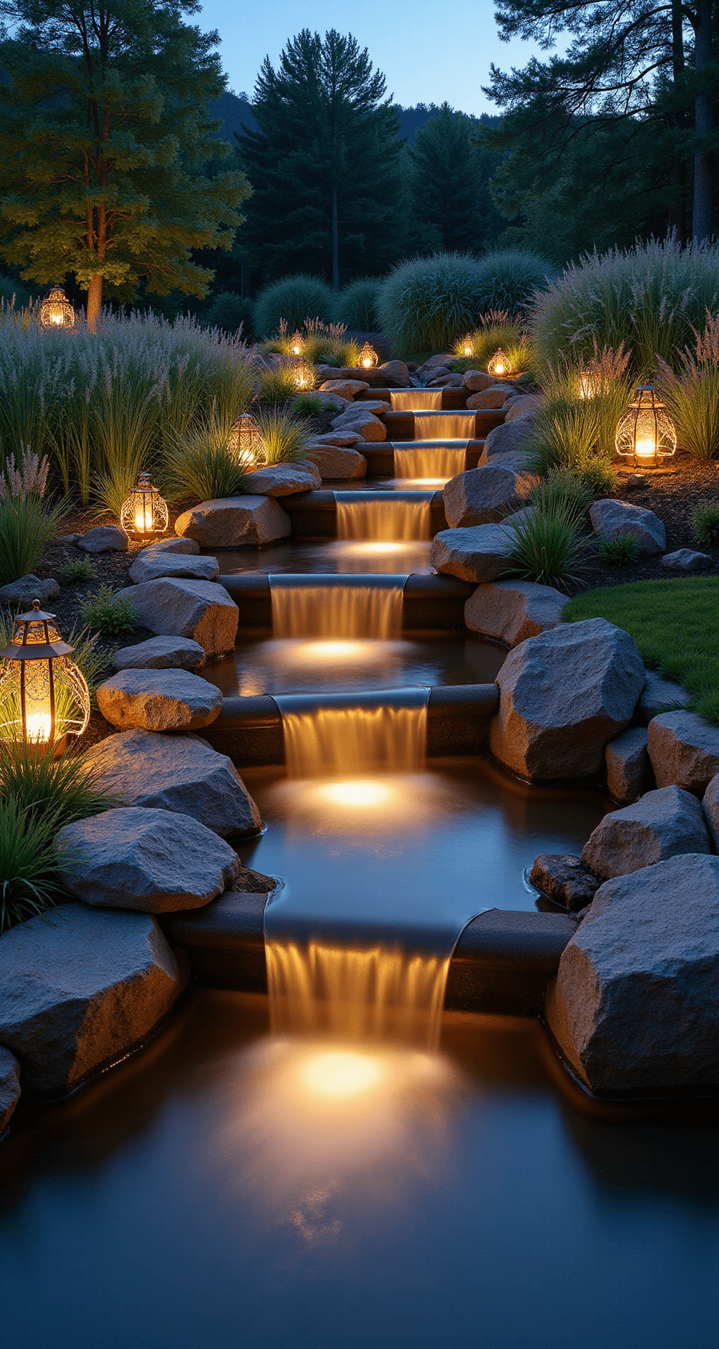 Garden Ponds at Night: Transform Your Backyard into a Magical Nighttime Oasis Eye-level shot of a terraced garden pond system at golden-blue hour, featuring three descending ponds with illuminated waterfalls, copper lanterns along stone pathways, and glowing LED strips beneath waterfalls. Backlit native grasses cast silhouettes, and mist rises from the water, highlighting light rays. Metal sculptures reflect in the still lower pools, emphasizing water movement and light interaction.