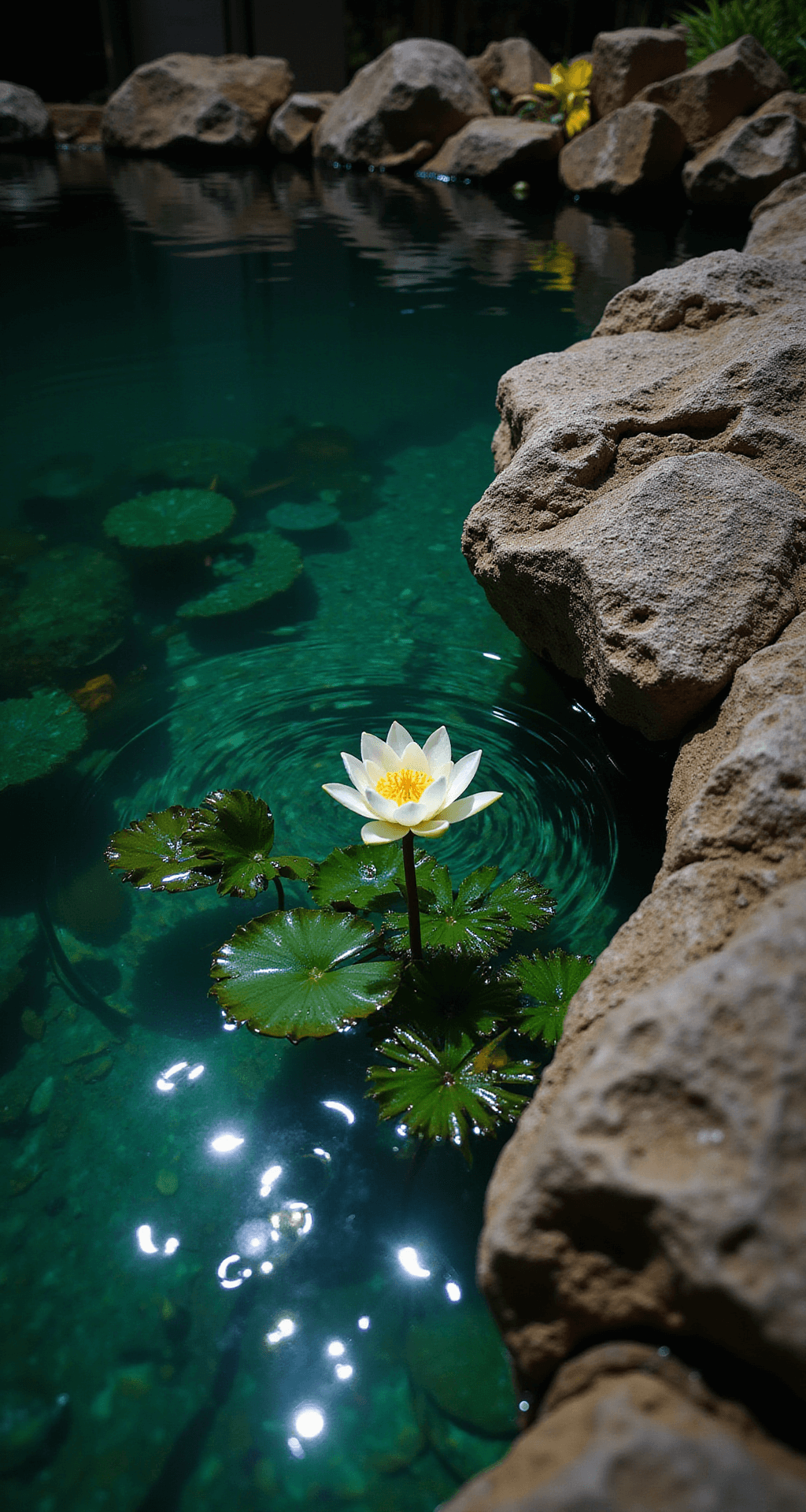 Garden Ponds at Night: Transform Your Backyard into a Magical Nighttime Oasis Intimate closeup of a pond edge at night, featuring illuminated water surface, natural stone edge, dancing underwater light patterns on rocks, emerging lotus flowers, scattered light on rippling water, metallic decorative elements, and rich emerald underwater plants.