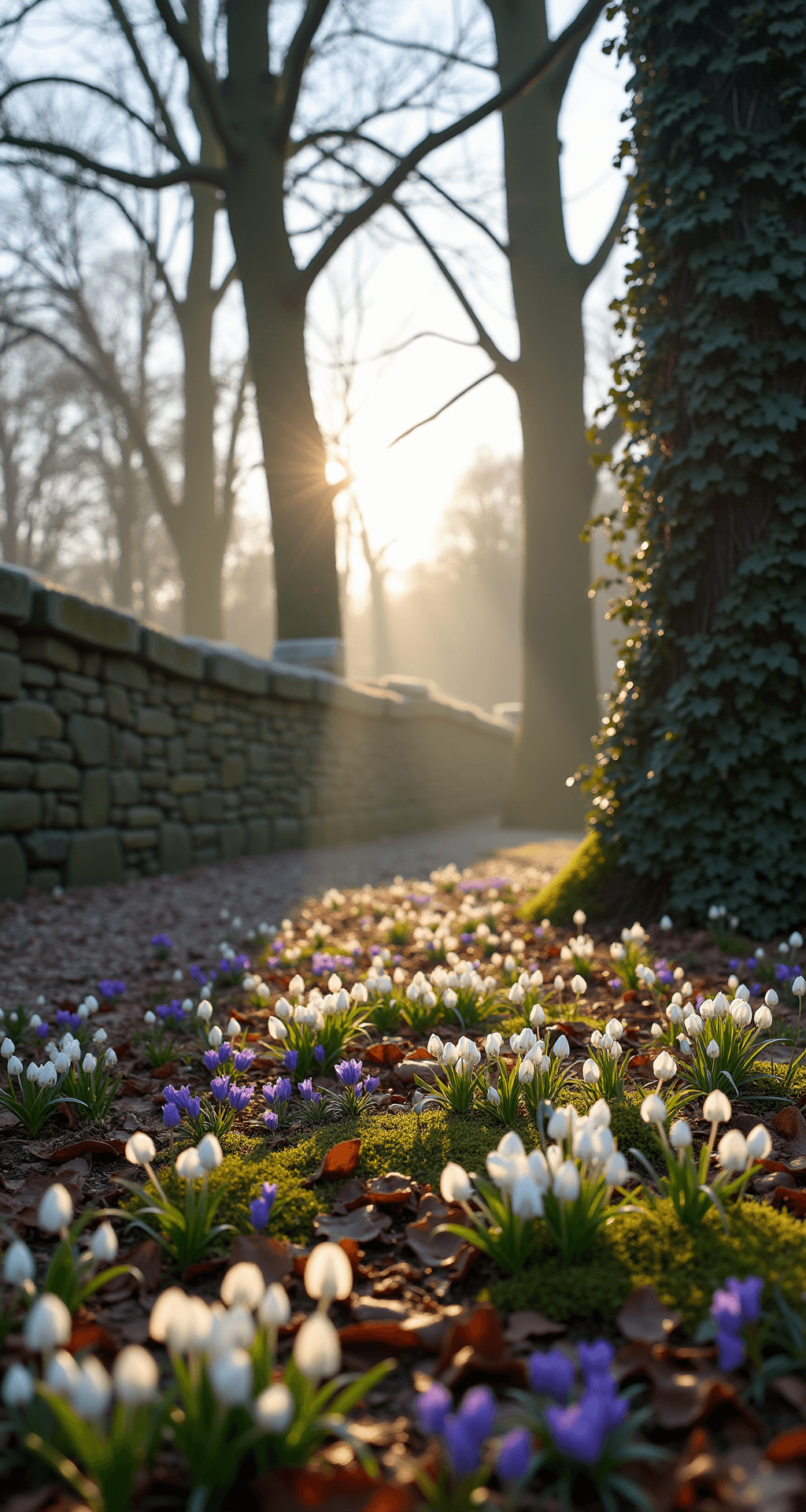Creating Beautiful Gardens with Trees: Your Ultimate Guide to Woodland Landscaping A low-angle view of a woodland garden at dawn, featuring tall dogwood trees in full bloom with white petals illuminated by soft light. The ground showcases emerging snowdrops and blue crocuses among bronze leaf litter, with a stone retaining wall covered in climbing hydrangea. A cool morning mist creates an atmosphere of freshness and awakening.