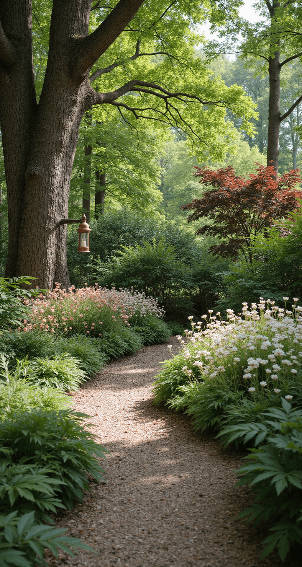 Creating Beautiful Gardens with Trees: Your Ultimate Guide to Woodland Landscaping An intimate garden room surrounded by ancient beech trees, featuring dappled afternoon light on white-flowering astilbe and coral bleeding hearts, with a copper garden lantern as a focal point, mixed ferns creating layered textures, and a winding natural wood chip path, all in earth tones with accents of coral and cream.