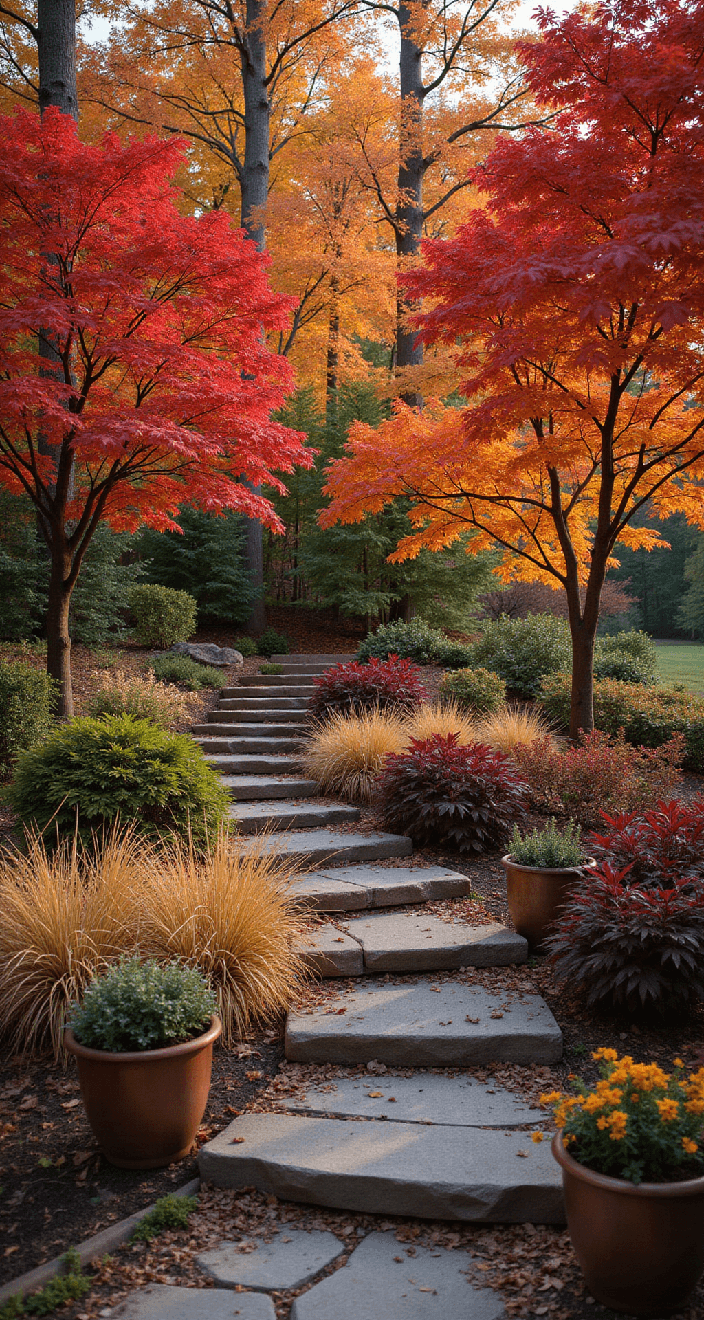 Creating Beautiful Gardens with Trees: Your Ultimate Guide to Woodland Landscaping Wide-angle view of an autumn woodland garden at sunset, featuring vibrant Japanese maples in crimson and orange hues, illuminated by uplighting. Stone steps descend through gold Japanese forest grass and burgundy heuchera, complemented by aged copper containers filled with seasonal arrangements. Rich jewel tones create a warm, inviting atmosphere.