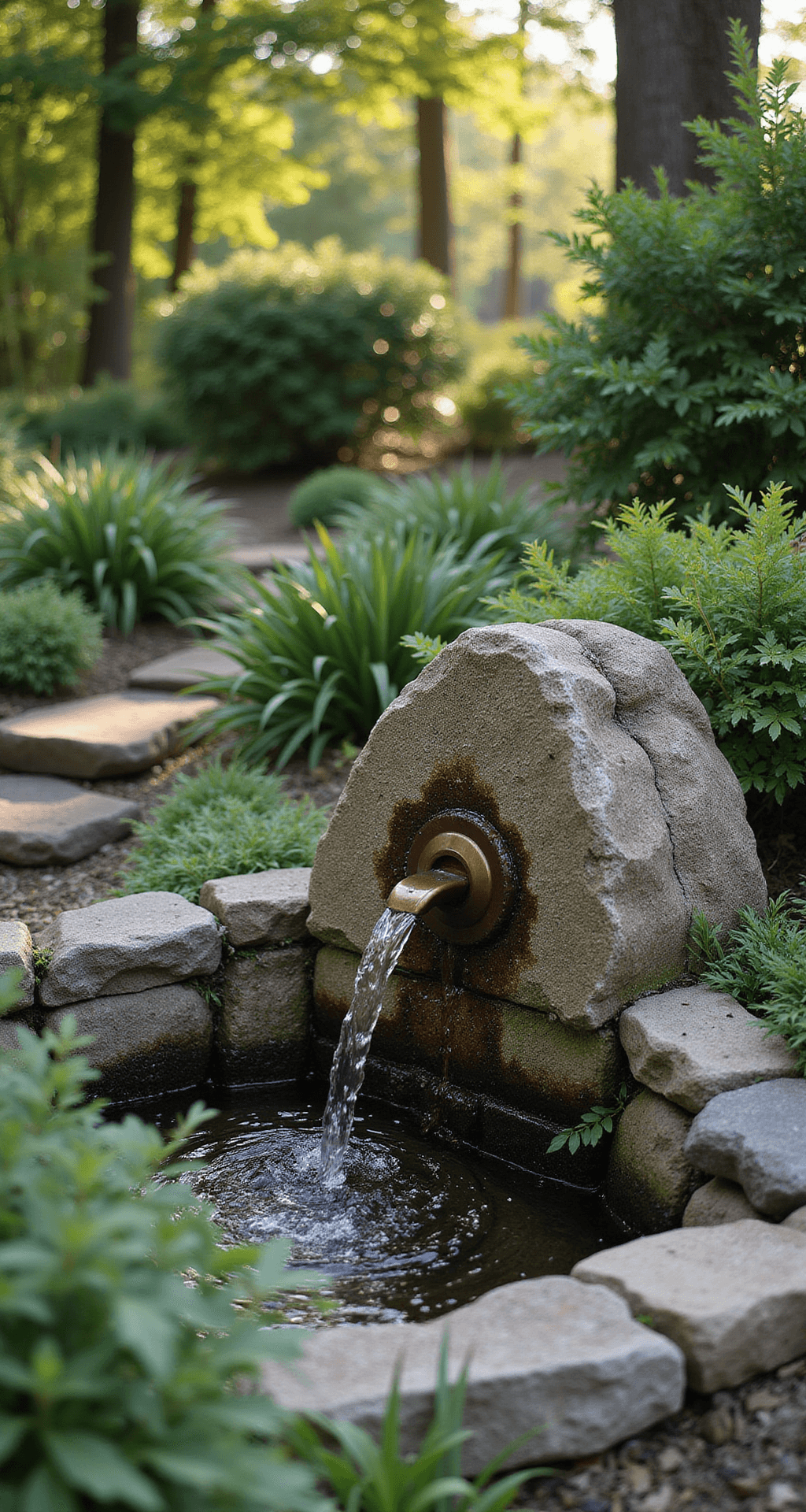 Creating Beautiful Gardens with Trees: Your Ultimate Guide to Woodland Landscaping A serene woodland water feature featuring a natural stone fountain surrounded by river rocks and native sedges, illuminated by morning light that highlights water droplets, with glossy green rhododendrons in the background and a subtly integrated drip irrigation system.