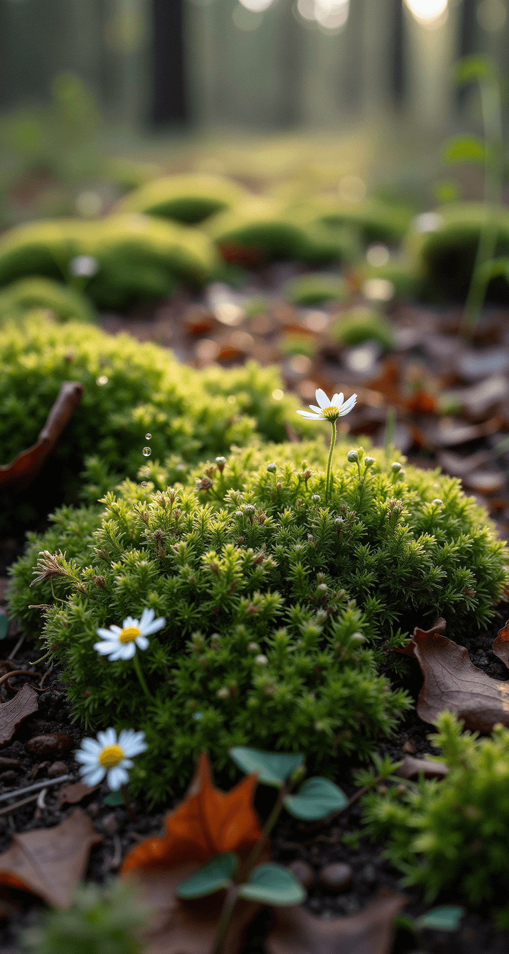 Creating Beautiful Gardens with Trees: Your Ultimate Guide to Woodland Landscaping A close-up view of a woodland garden floor featuring emerald moss, delicate ferns, and native wildflowers, illuminated by early morning dew. Fallen leaves and natural debris enhance the authenticity of the scene, showcasing rich browns and varied greens with small bursts of colorful flowers, creating an intimate nature study atmosphere.