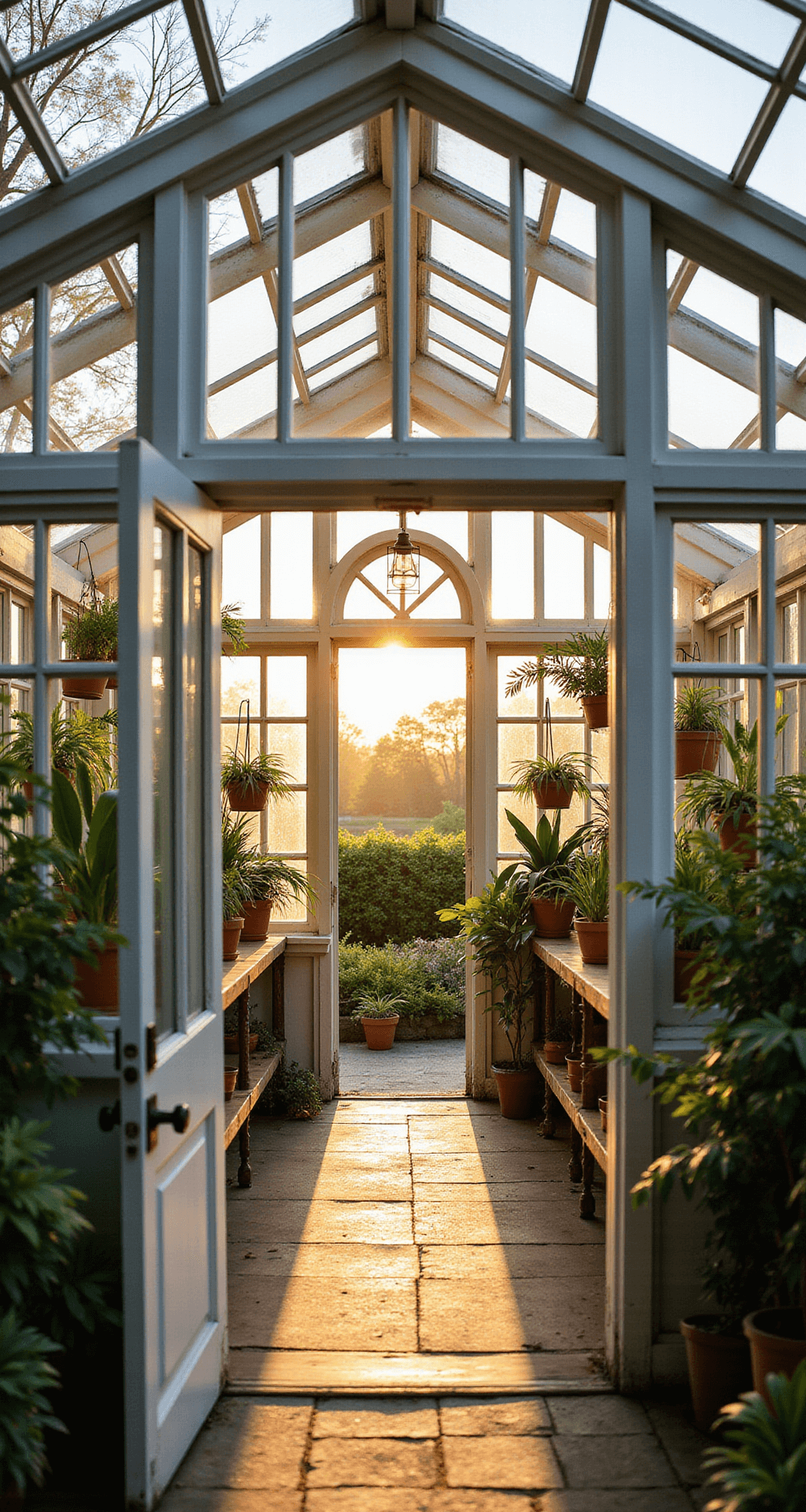Gardens with Greenhouses: Your Ultimate Guide to Year-Round Growing Magic A sunlit Victorian-style greenhouse with white wrought iron framework, vintage wooden potting benches filled with orchids and ferns, and warm golden hour light creating dramatic patterns, viewed from the entrance doorway.