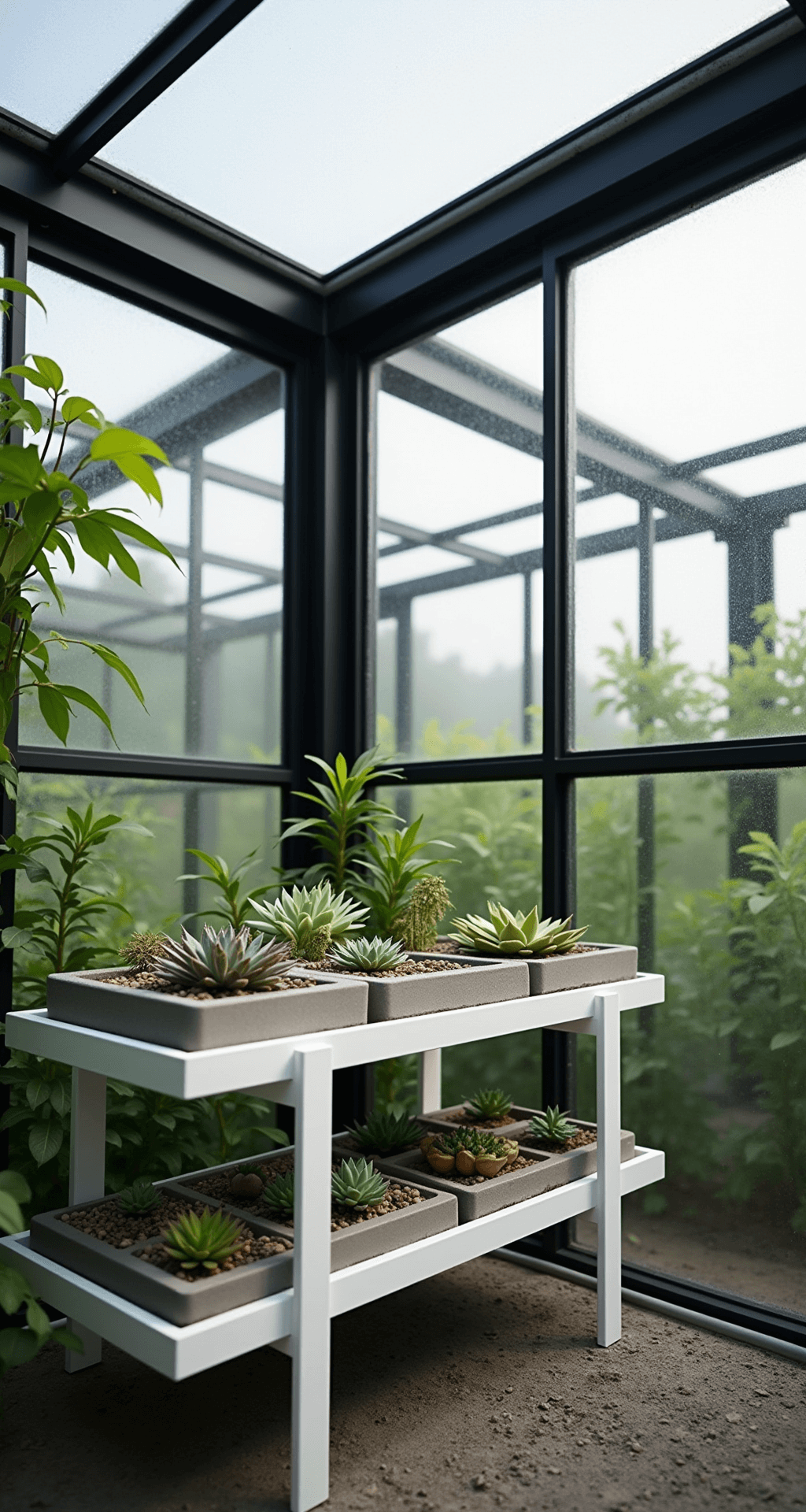 Gardens with Greenhouses: Your Ultimate Guide to Year-Round Growing Magic Modern minimalist greenhouse with black aluminum frame and lush greenery, featuring polycarbonate panels, automated venting, and geometric concrete planters with succulents on white metal shelving, photographed from a 45-degree angle in soft diffused light.