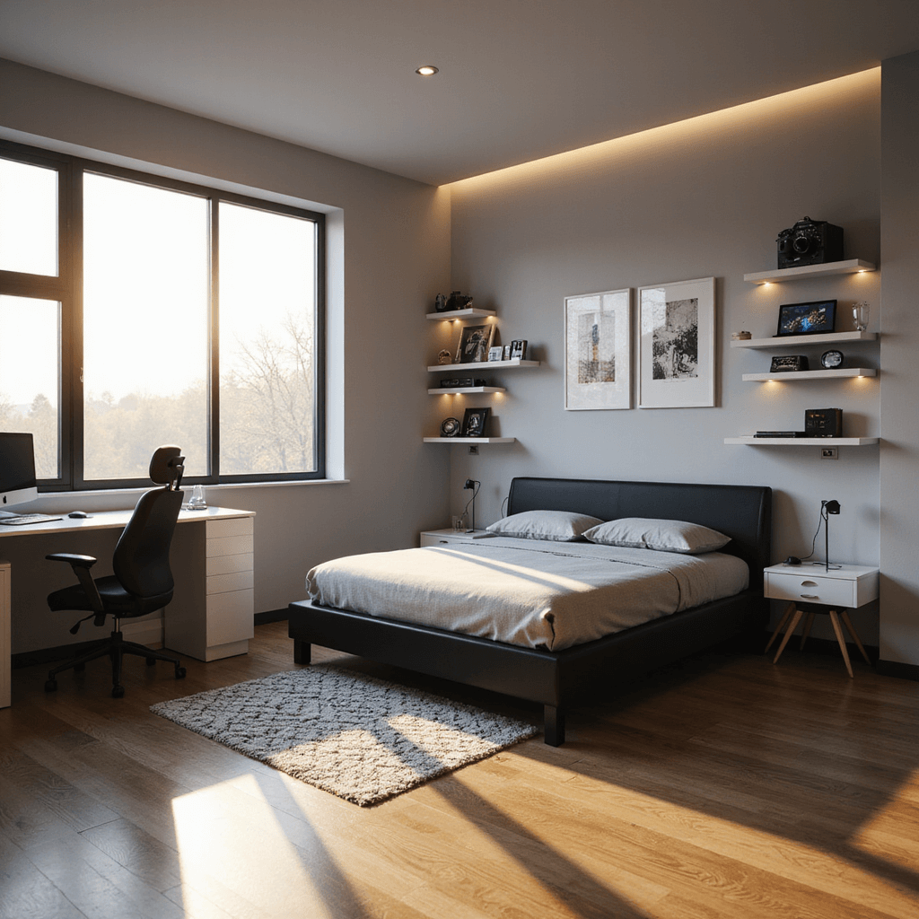 Teenage Boys Bedroom Ideas: Creating the Ultimate Personal Sanctuary A modern minimalist teen bedroom featuring a matte black platform bed, light gray walls, and a white desk with an ergonomic gaming chair, illuminated by golden hour light through floor-to-ceiling windows. Floating shelves display gaming memorabilia, and a monochromatic geometric area rug anchors the space. Smart LED strips provide ambient lighting, with cable management and a wireless charging pad visible on the desk. The image captures the serene and sophisticated atmosphere from a corner perspective at eye level.