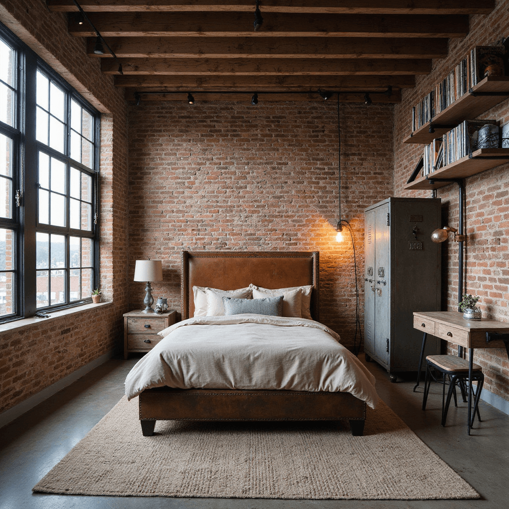 Teenage Boys Bedroom Ideas: Creating the Ultimate Personal Sanctuary A loft-style teen retreat featuring an exposed brick accent wall, reclaimed wood beam ceiling, and industrial-style window. The room includes a queen bed with a distressed leather headboard, vintage metal locker wardrobe, and raw steel pipe shelving for vinyl records, illuminated by a mix of natural light and vintage edison bulbs, all captured from an elevated perspective.