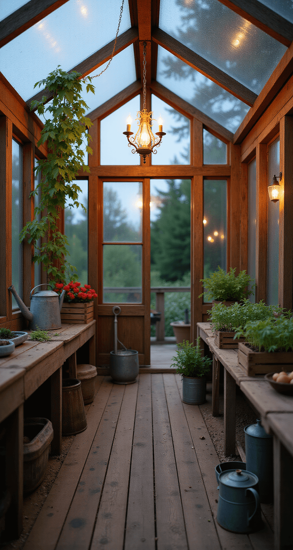 Gardens with Greenhouses: Your Ultimate Guide to Year-Round Growing Magic Interior of a rustic farmhouse greenhouse at dusk, featuring a reclaimed wood and glass structure with a vintage chandelier, heritage tomato vines on twine supports, wooden crates of seedlings, and styled with weathered zinc watering cans and antique garden tools, shot from a corner angle to highlight the moody atmosphere and textures.