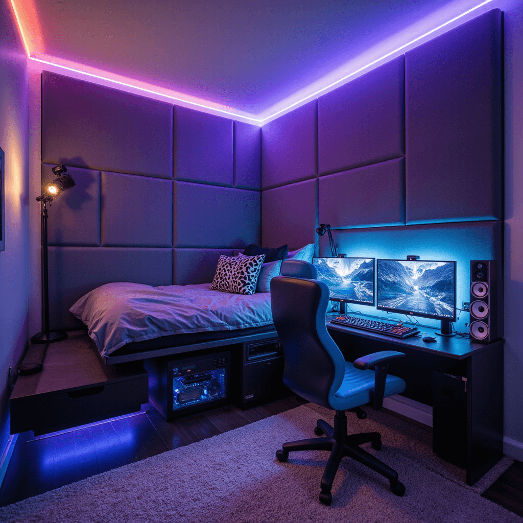 Teenage Boys Bedroom Ideas: Creating the Ultimate Personal Sanctuary A modern gaming den featuring an L-shaped gaming station with dual monitors, illuminated by programmable RGB lighting. The space includes charcoal gray acoustic panels, an electric blue leather gaming chair, and a built-in cable management system with illuminated ports. An elevated bed platform with LED underglow enhances the cyberpunk aesthetic, captured at camera height during dusk.